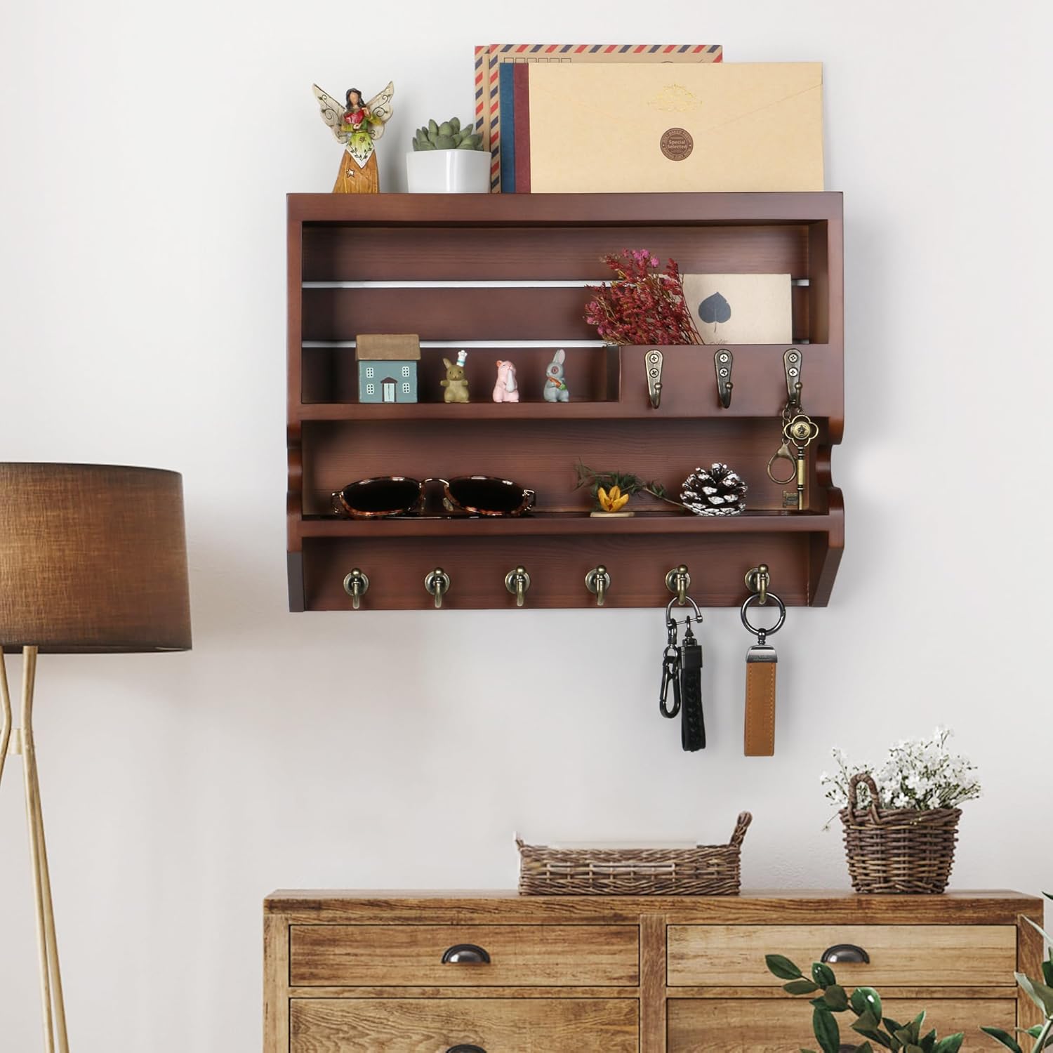 Innovation Key Holder for Wall, Mail Organizer with Key Hooks, Keys Holder on Wall, Walnut