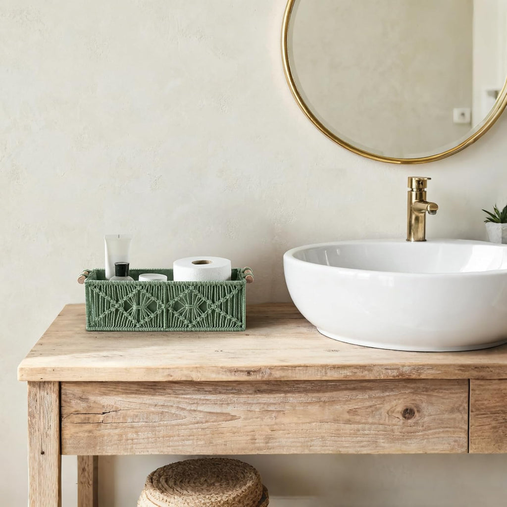 Mkono Macrame Storage Baskets Boho Decor Box Handmade Woven Decorative Countertop Toilet Tank Shelf Cabinet Organizer for Bedroom Livingroom Home, Set of 2, Green