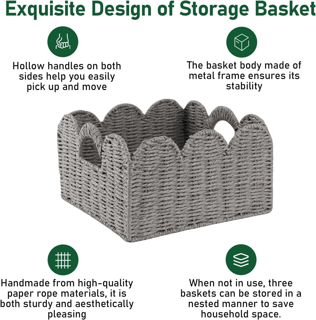 OIAHOMY Scalloped Wicker Baskets, Hand-woven Storage Baskets with Built-in Handles, Paper Rope Shelf Baskets for Organizing and Decoration, Set of 3-Grey