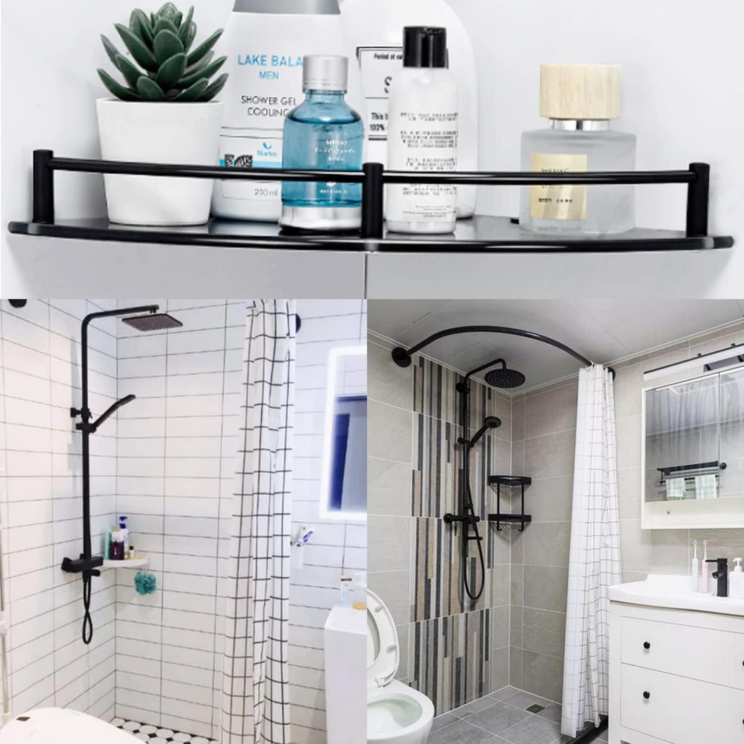 Glass Bathroom Shelf with Rustproof Rail, Black Glass Corner Shower Shelf, Wall Mount Drill Hole Shower Caddy Organizer, Bathroom Shower Organizer for Living Room and Toilet (1 Tier)