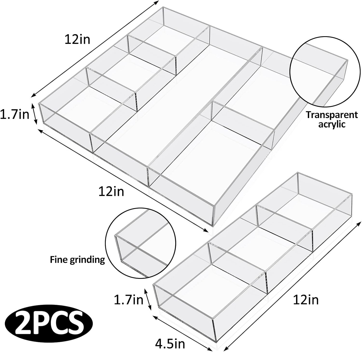 Chunful Clear Drawer Organizer 2 Pieces 6 Section Clear Desk Organizer with Dividers 3 Section Acrylic Makeup Tray Divided Drawer Inserts Sectioned Tray Makeup Storage