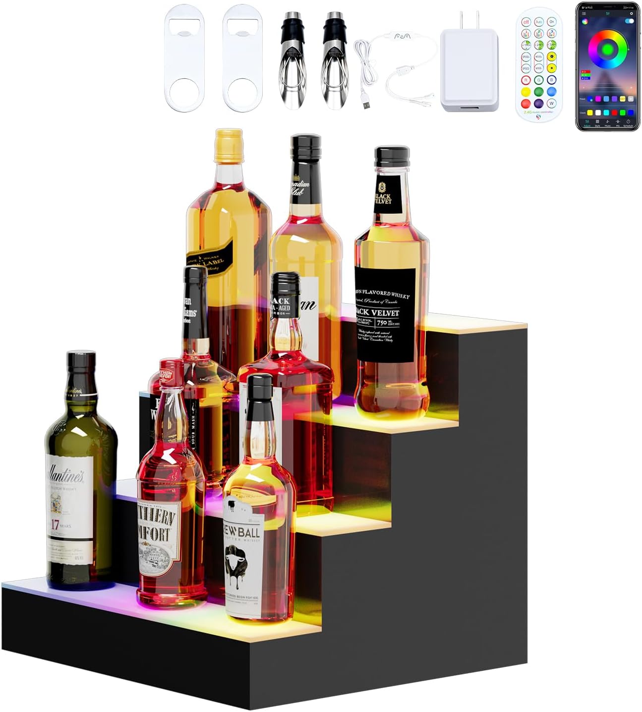 Dethan 4 Tier 16 Inch LED Lighted Liquor Bottle Display Shelf - Illuminated Wine Racks with Multi-Color App & Remote Control, Adjustable Brightness & Sound Modes, Acrylic Bar Shelves for Club Displays