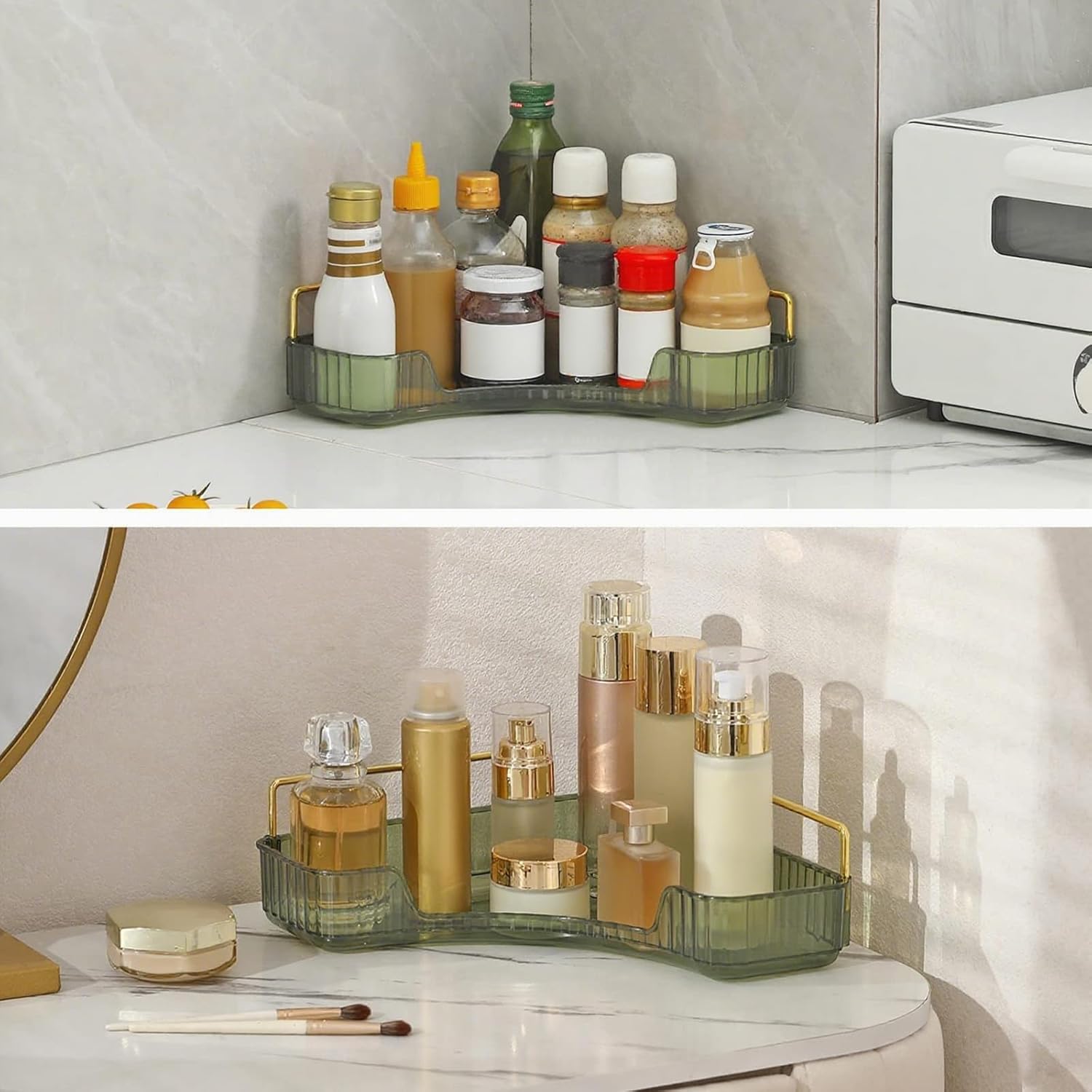 Corner Bathroom Countertop Organizer, Vanity Organizer Trays for Counter, Makeup Organizers, Perfume Tray, Skincare Shelf Storage Gifts for Women Girl Student (Green, 1 Tier)