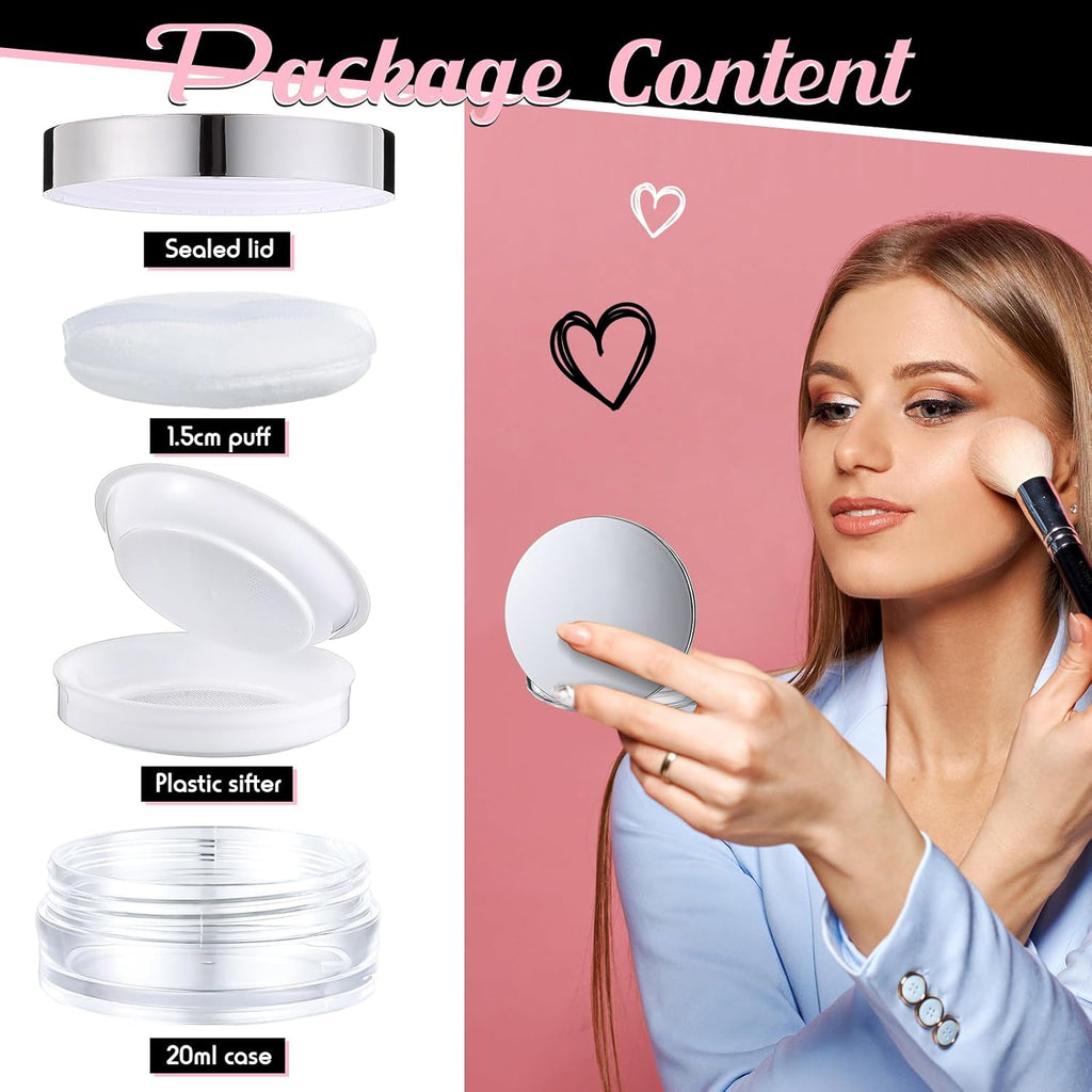 Cunhill 2 Pcs Loose Powder Container with Puff 0.17/0.7 oz Reusable Plastic Empty Case Portable DIY Makeup Powder Container Compact Case with Mirror and Net Sifter(Silver,Marble)