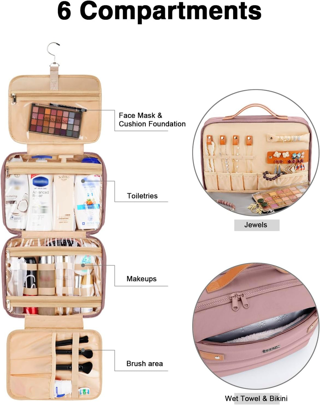 Women's Hanging Toiletry Bag, Waterproof Travel Cosmetic Organizer with Jewelry Storage, Large Capacity Makeup Case for Full-Size Skincare & Bathroom Essentials, Portable Cosmetic kit, Dark Purple