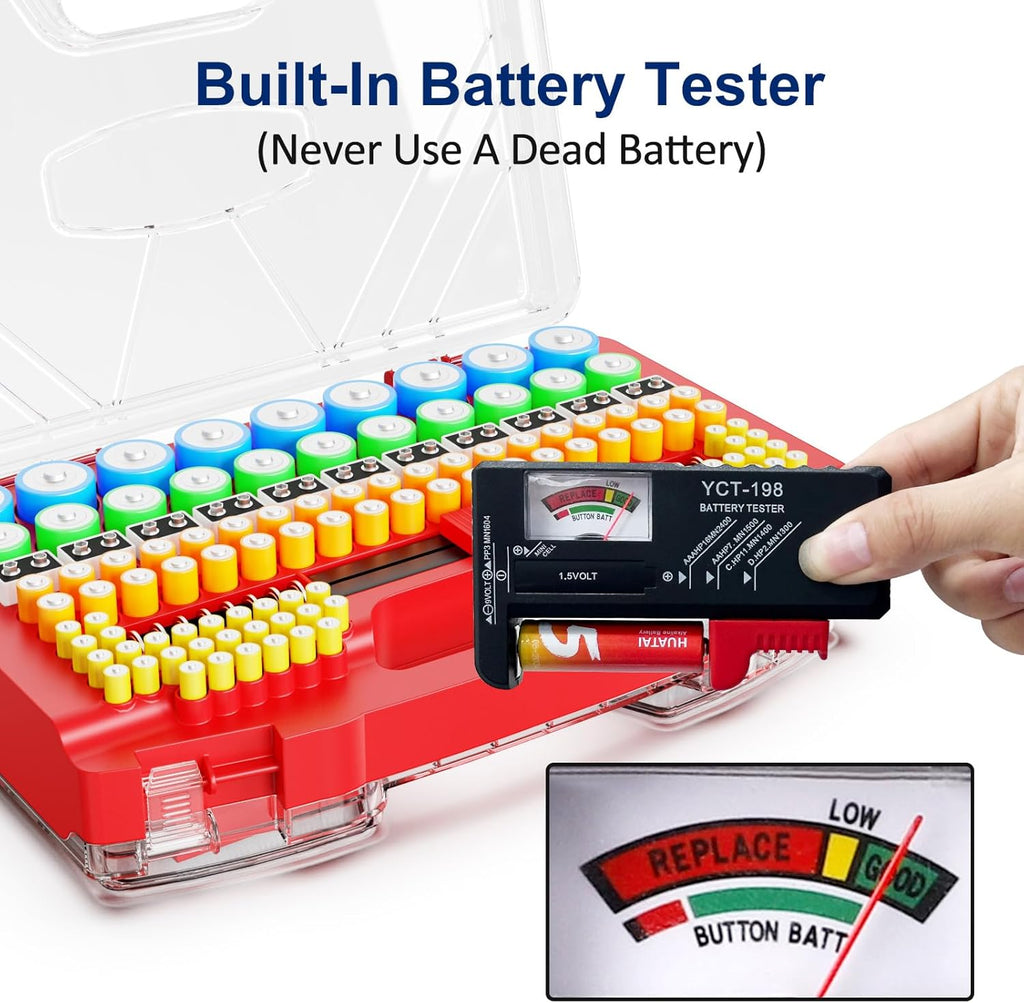 Battery Organizer Storage Holder Box Case with Tester - 285 Batteries Double-Sided Variety Pack, Holds AA AAA 4A C D Cell 9V 3V Lithium LR44 CR2 CR123 CR1632 18650 Button
