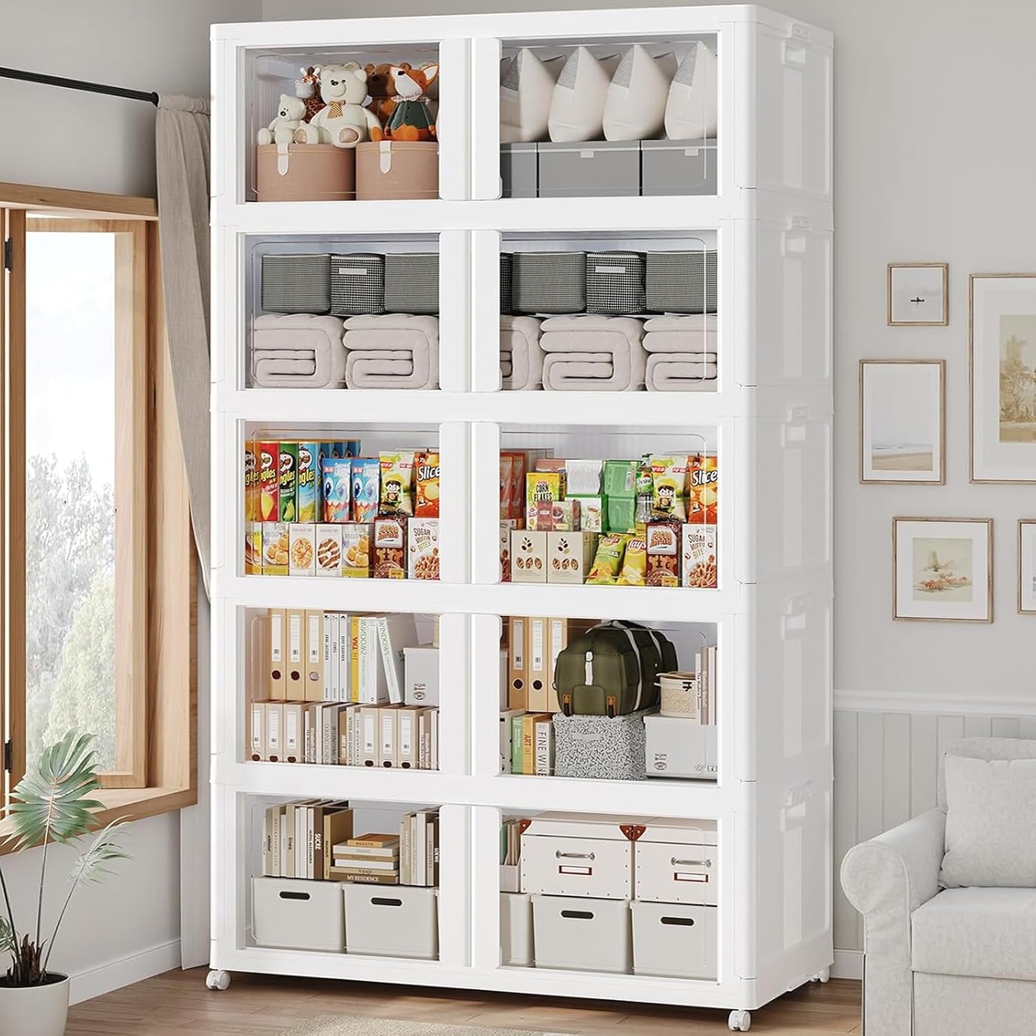 1000Qt Stackable Storage Bins with Lid and Wheel, 250Gal Plastic Closet Organizer and Storage Drawer, Large Collapsible Storage Box Cabinet with Clear Door for Home Kitchen Office, 5Pack White