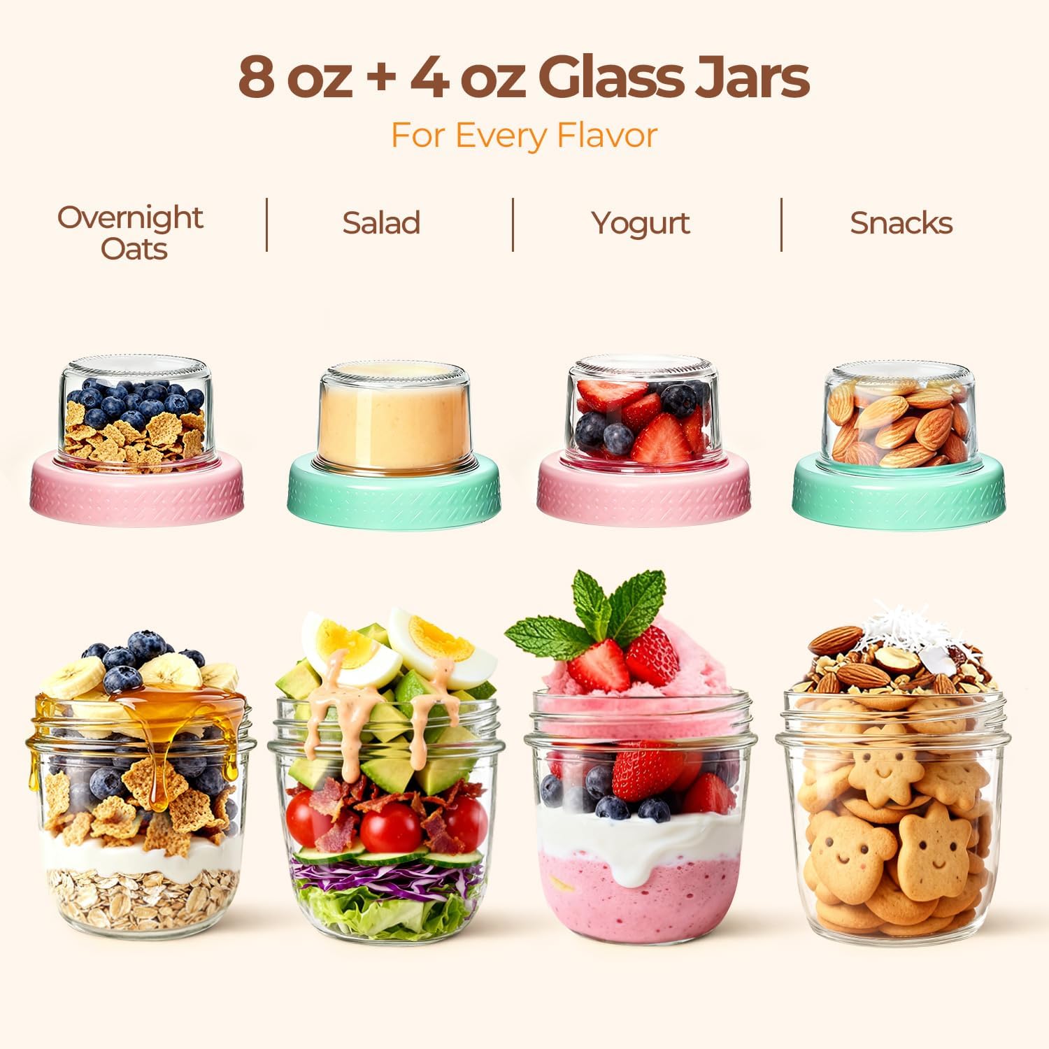 ComSaf Overnight Oats Containers with Lids (8oz+4oz, 2Pcs), Glass Yogurt Parfait Cups for Cereal Nut Fruit, Dual-Layer Chia Pudding Jars Reusable, Small Mason Jars for Salad, Meal Prep, Snack, Oatmeal