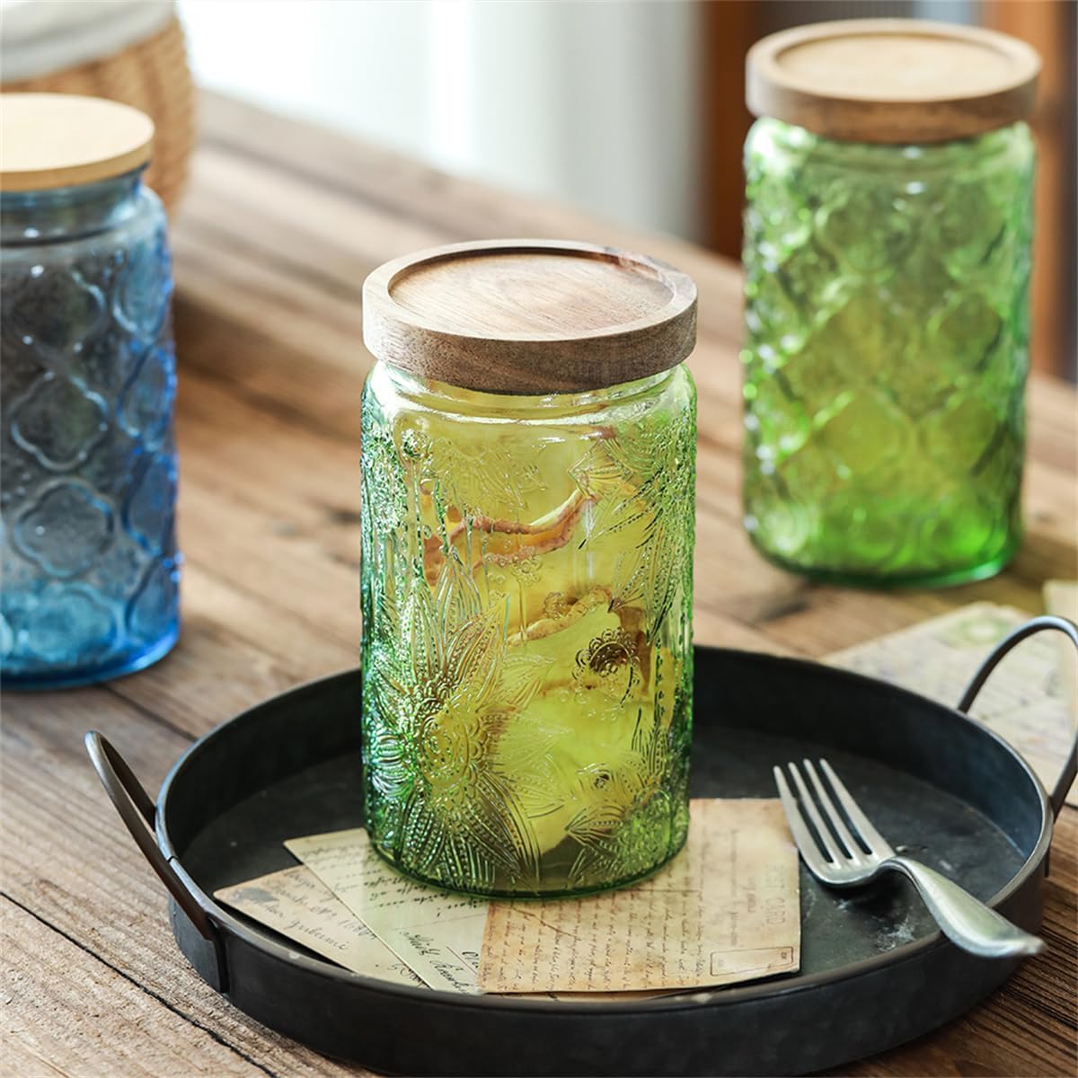 Vintage Glass Storage Jar with Solid Wood Lid - Sunflower Design Kitchen Canister for Coffee, Candy, Laundry Detergent - Cute Food Storage Jar (Green, 34 Ounces)