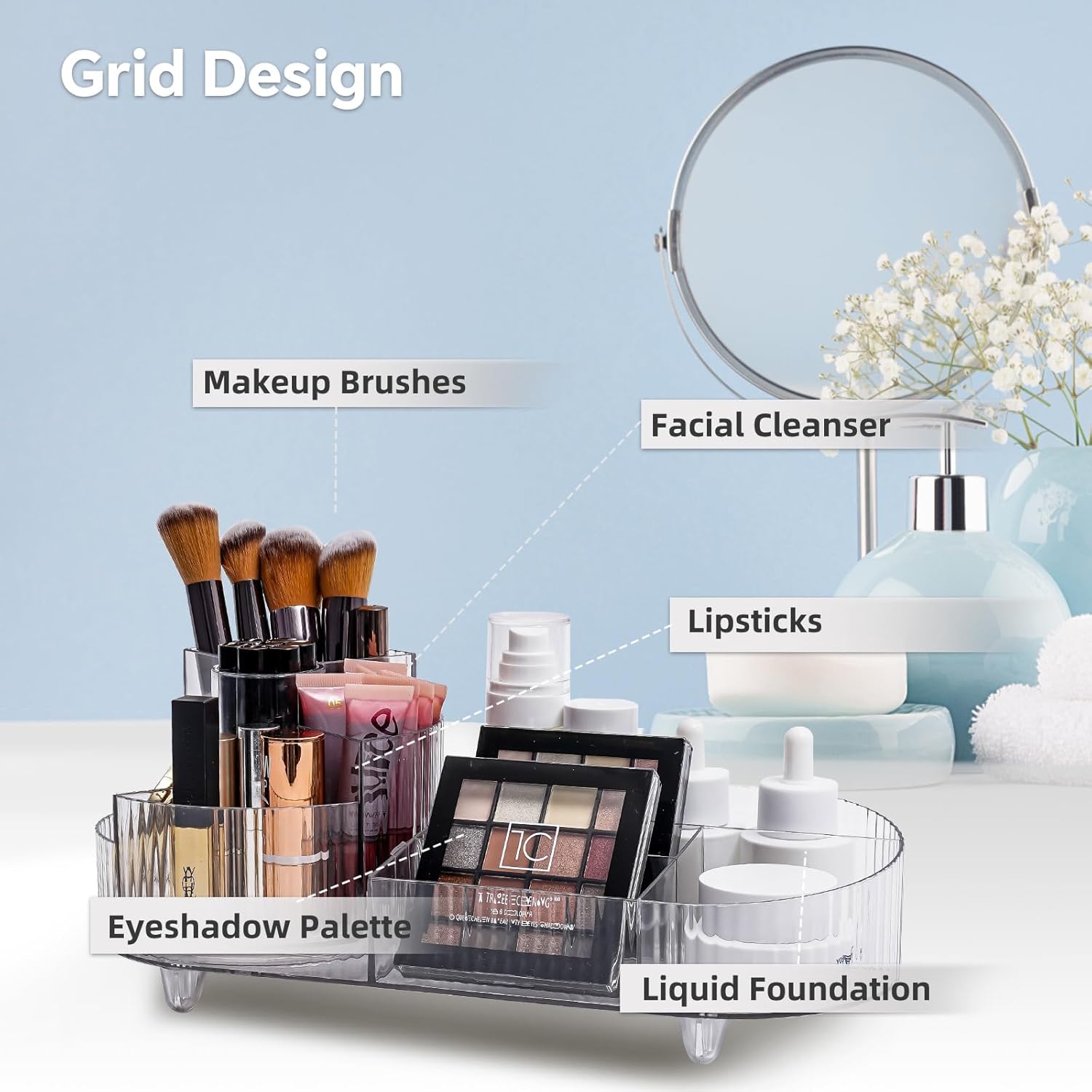 Cosmetic Makeup Storage Organizer, Countertop Makeup Perfume, Rotating Makeup Organizer for Vanity with Brush Holder, Lotions Display Case, Large Spinning Makeup Skincare Organizer (Transparent)