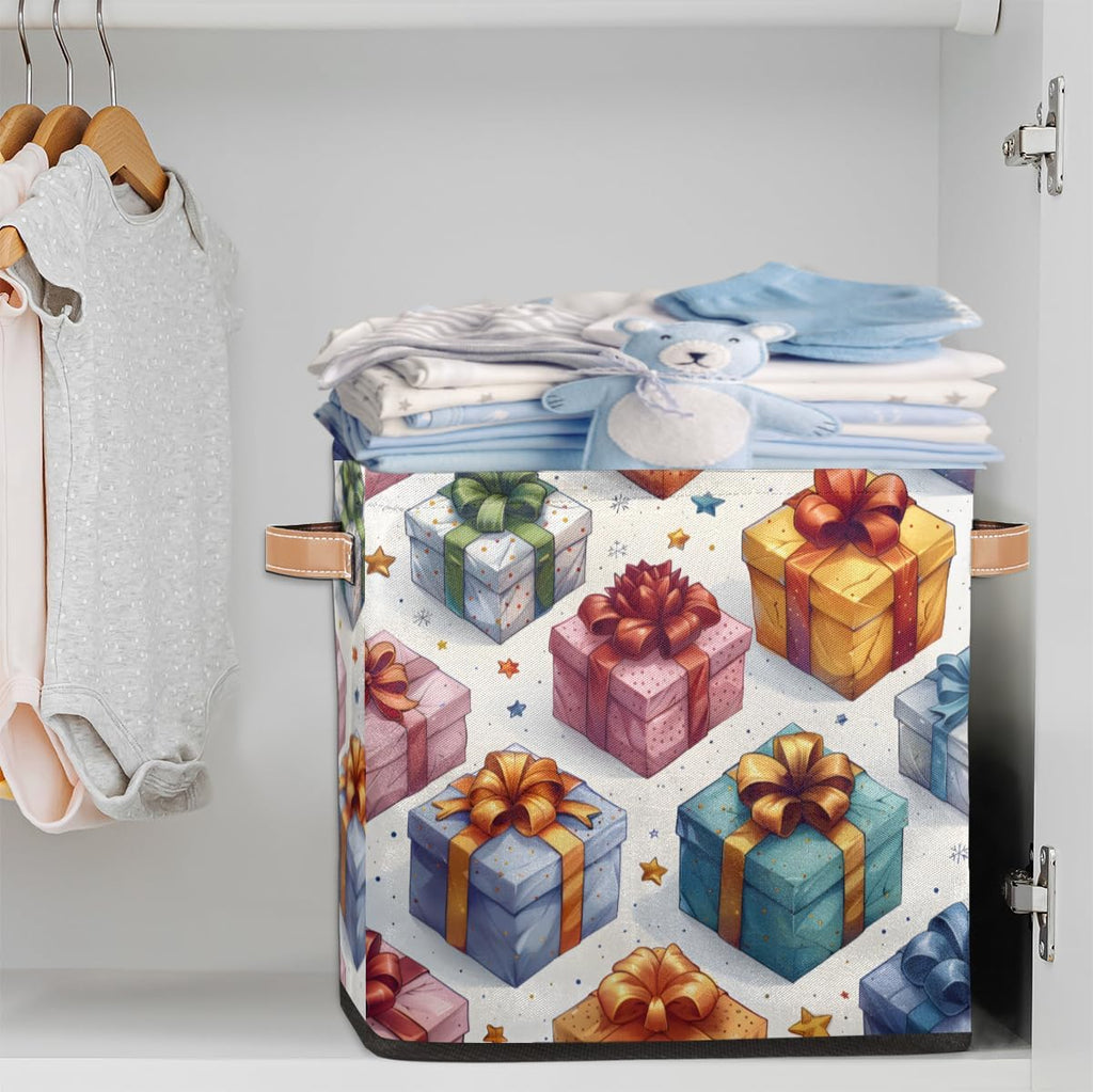 TropicalLife 13x13x13 Inch Large Fabric Storage Cube Holiday Gifts Box Pattern Foldable Storage Bin with Handles Organizer Boxes Cube Basket for Shelves Organizing Closet