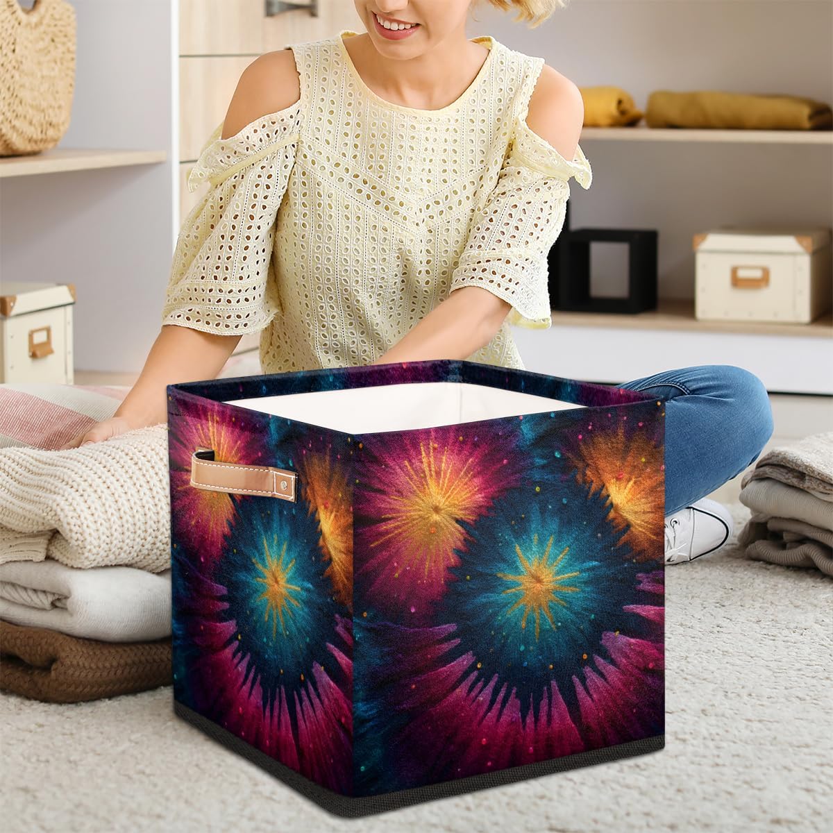 TropicalLife 13x13x13 Inch Large Fabric Storage Cube Tie Dye Foldable Storage Bin with Handles Organizer Boxes Cube Basket for Shelves Organizing Closet