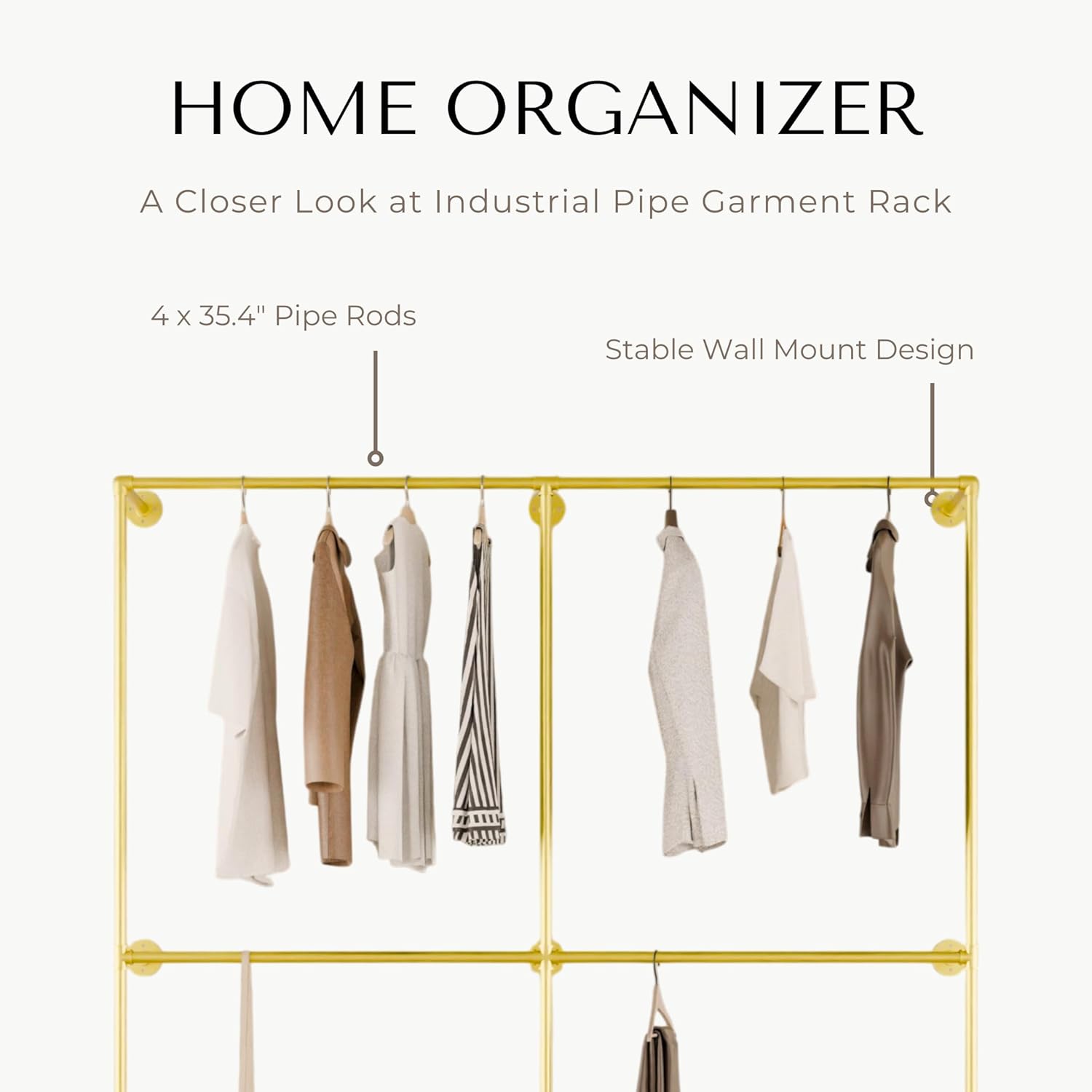 Industrial Pipe Clothing Rack, Heavy Duty Wall Mounted Clothes Rack, Retail Display Hanging Garment Rod for Laundry Rooms Closet Storage, 14.6x75x82.7 Inches, Model K09 Gold