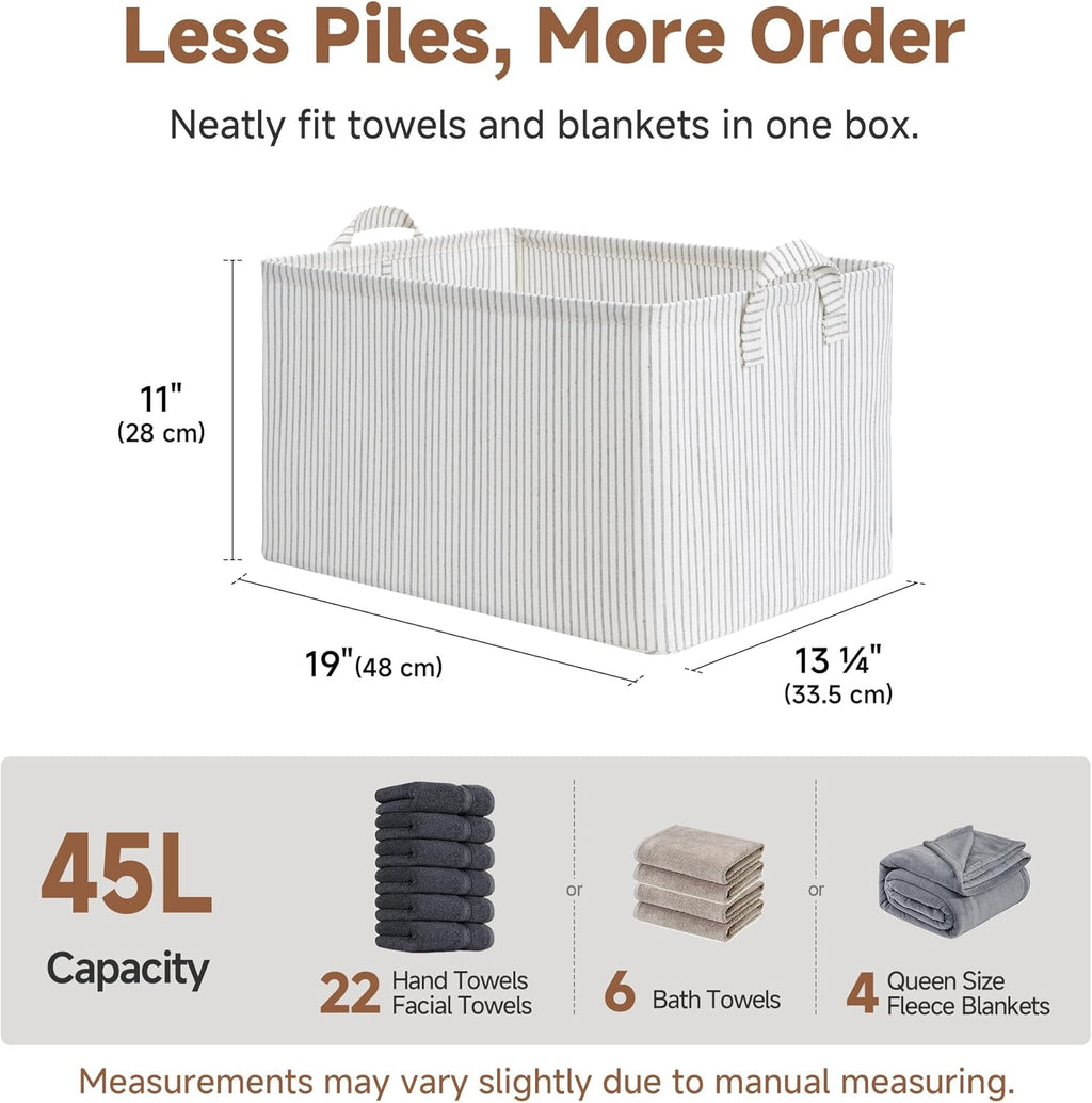 StorageWorks Storage Bins, Fabric Storage Bins for Shelves, Extra Large Storage Baskets with Metal Frame, Closet Baskets and Bins with Handles, Jumbo, Gray and White Stripes, 2-Pack