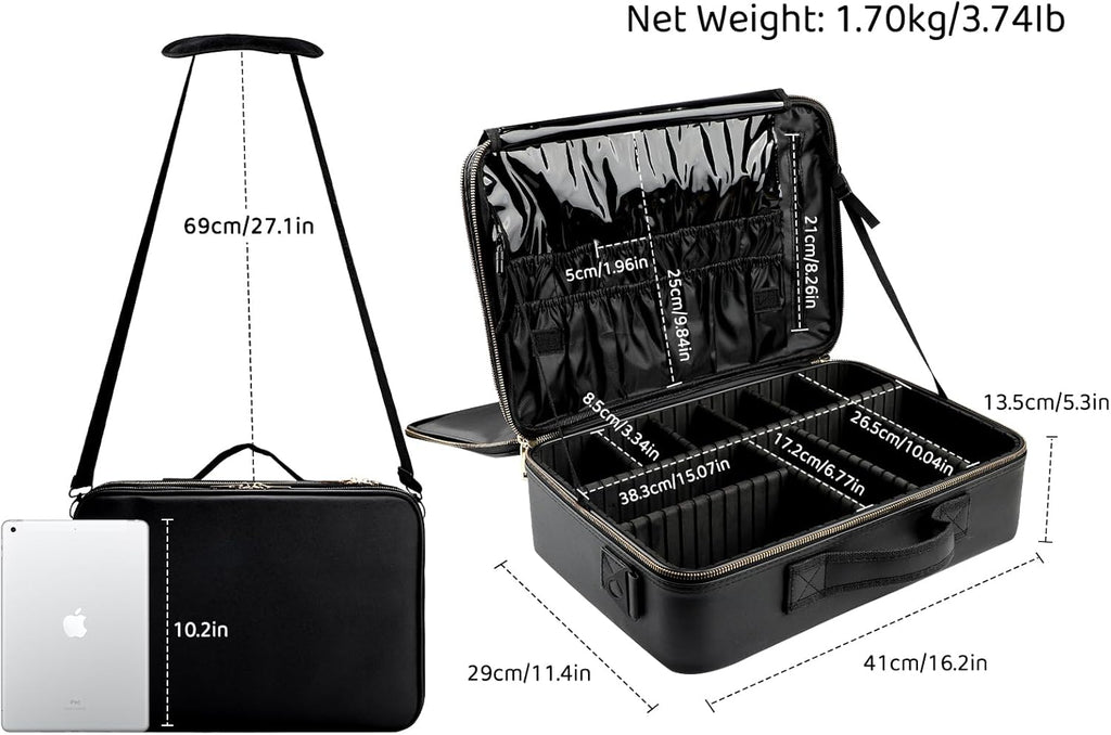 JOURMON Travel Makeup Train Case,Large Capacity Cosmetic Bags for Women,Portable Makeup Bag Organizer with Adjustable Dividers & Shoulder Strap(Black, L)
