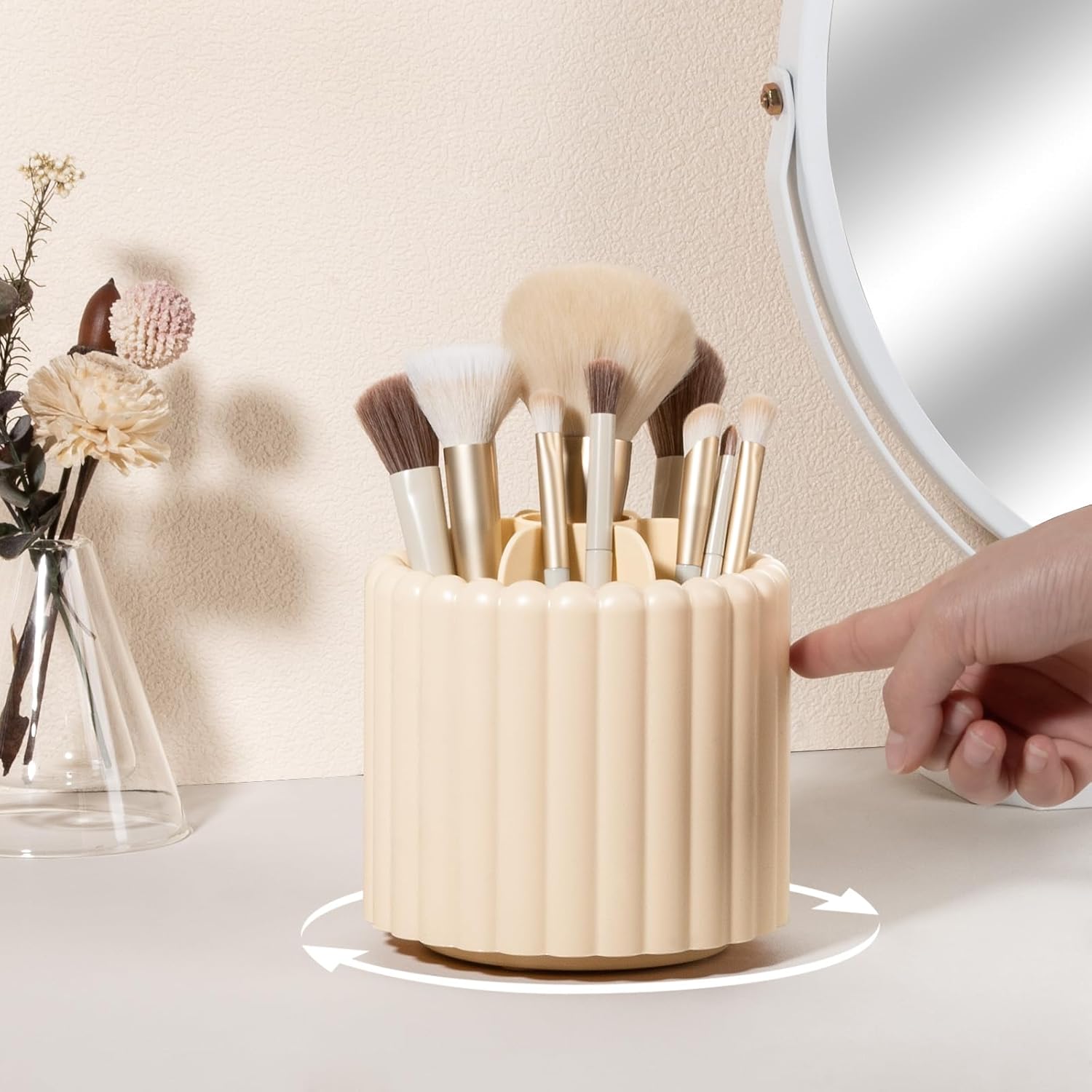 Anyoifax 360 Rotating Makeup Brush Holder 7 Slots Make Up Brush Organizer Removable Spinning Cosmetic Brushes Storage Pen Holder for Vanity, Dresser, Desk, Beige