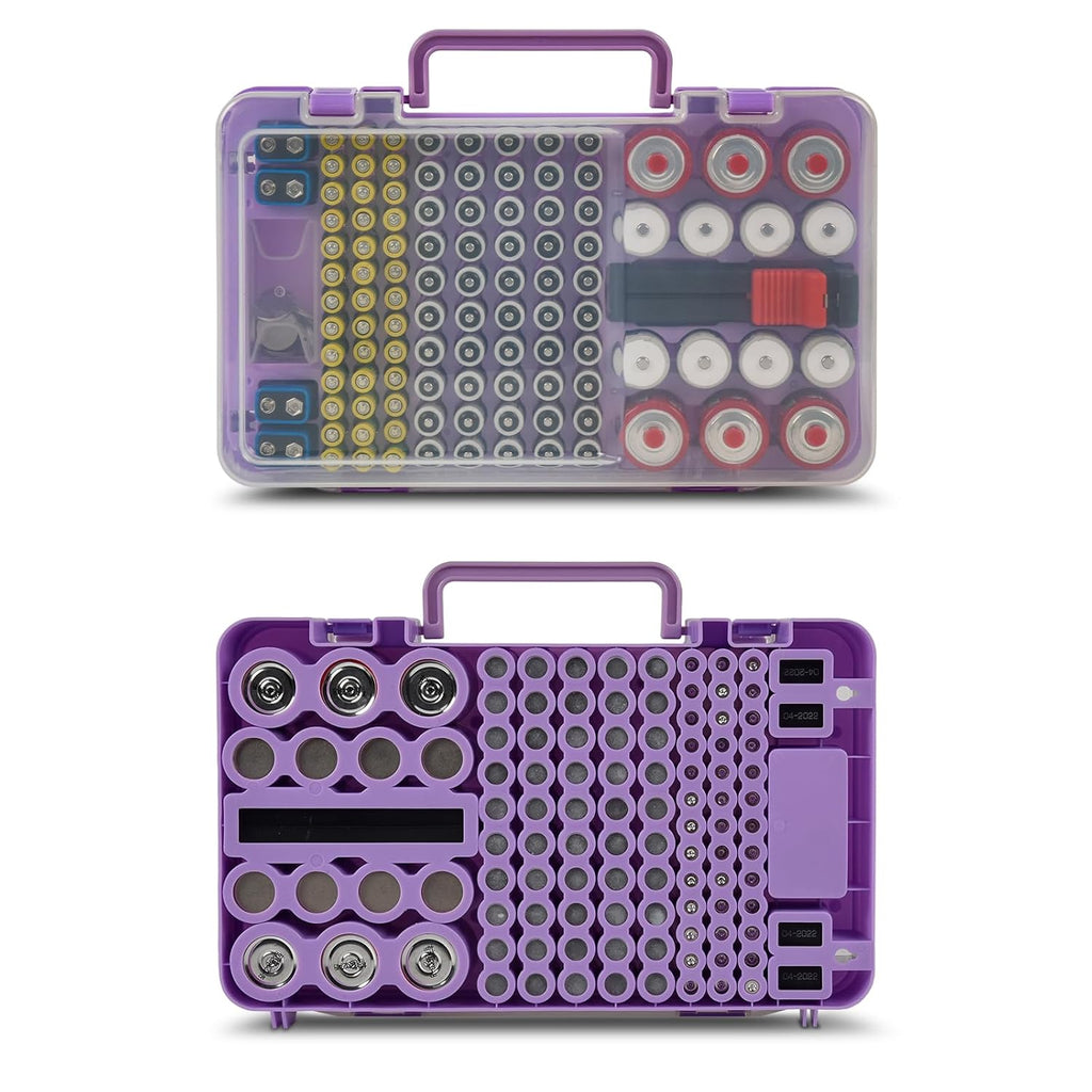 Battery Organizer Storage Case with Tester Checker. Batteries Holder Box Container for 120+ AA AAA 9V C D Lithium CR2025 CR1632 CR2032 Coin Cell Battery with Wall-Mounted Design -Purple