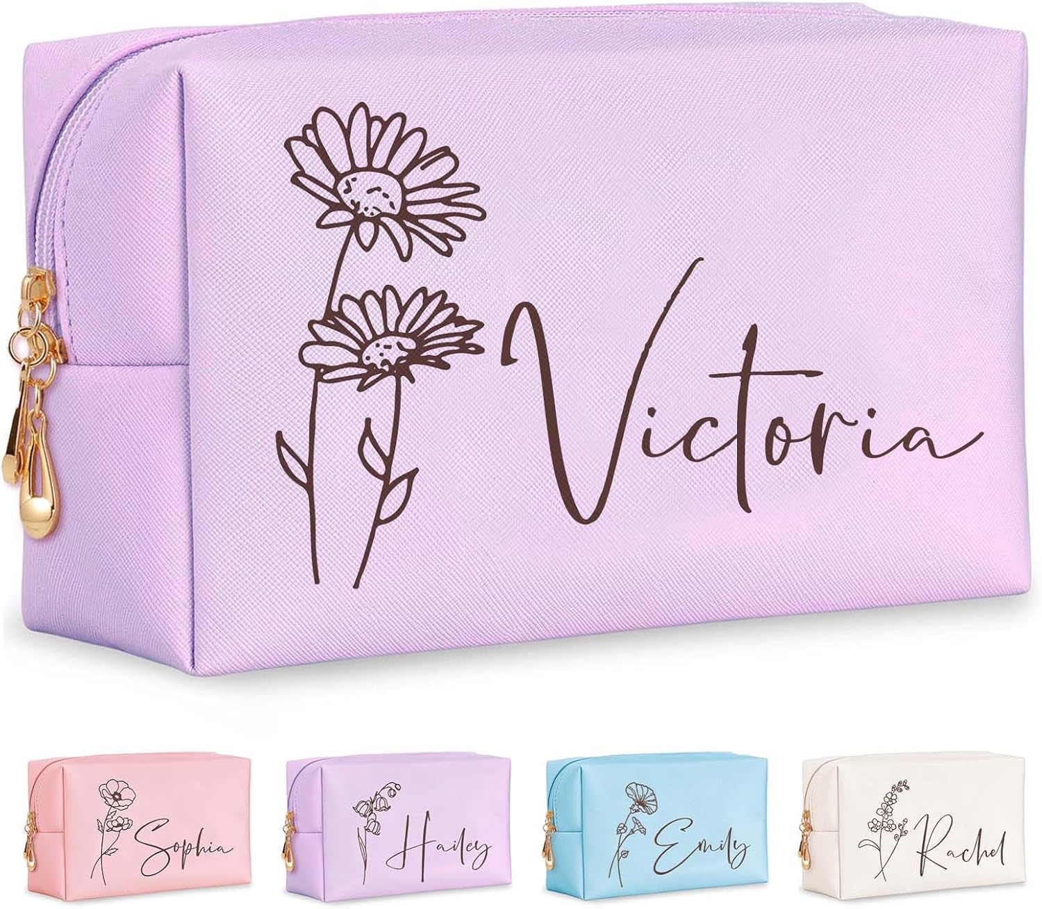 Personalized Makeup Bag with Name & Birth Flower, Custom Leather Cosmetic Bags for Women, Customized Travel Toiletry Bag Gifts for Bridesmaid Wedding