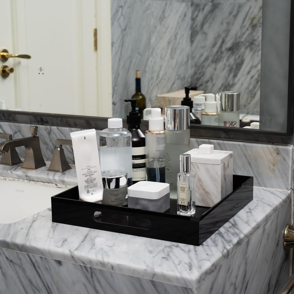 Glossy Black Acrylic Serving Tray with Handles 12x12 Inch -Spill Proof- Decorative Trays Countertop Organizer for Ottoman,Nightstand, Sidetable, Butler (12X12 Inch, Black)