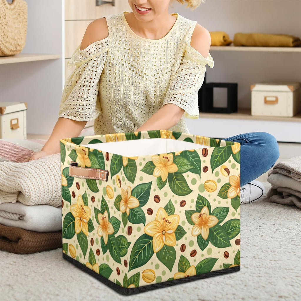 TropicalLife 13x13x13 Inch Large Fabric Storage Cube Yellow Flower Foldable Storage Bin with Handles Organizer Boxes Cube Basket for Shelves Organizing Closet