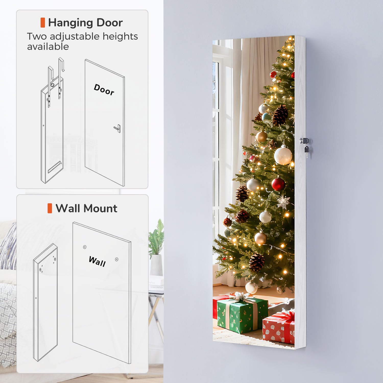 GISSAR Full Length Mirror Jewelry Cabinet, 6 LEDs Jewelry Armoire Wall Mounted Over The Door Hanging, Jewelry Organizer Storage with Lights Lockable White