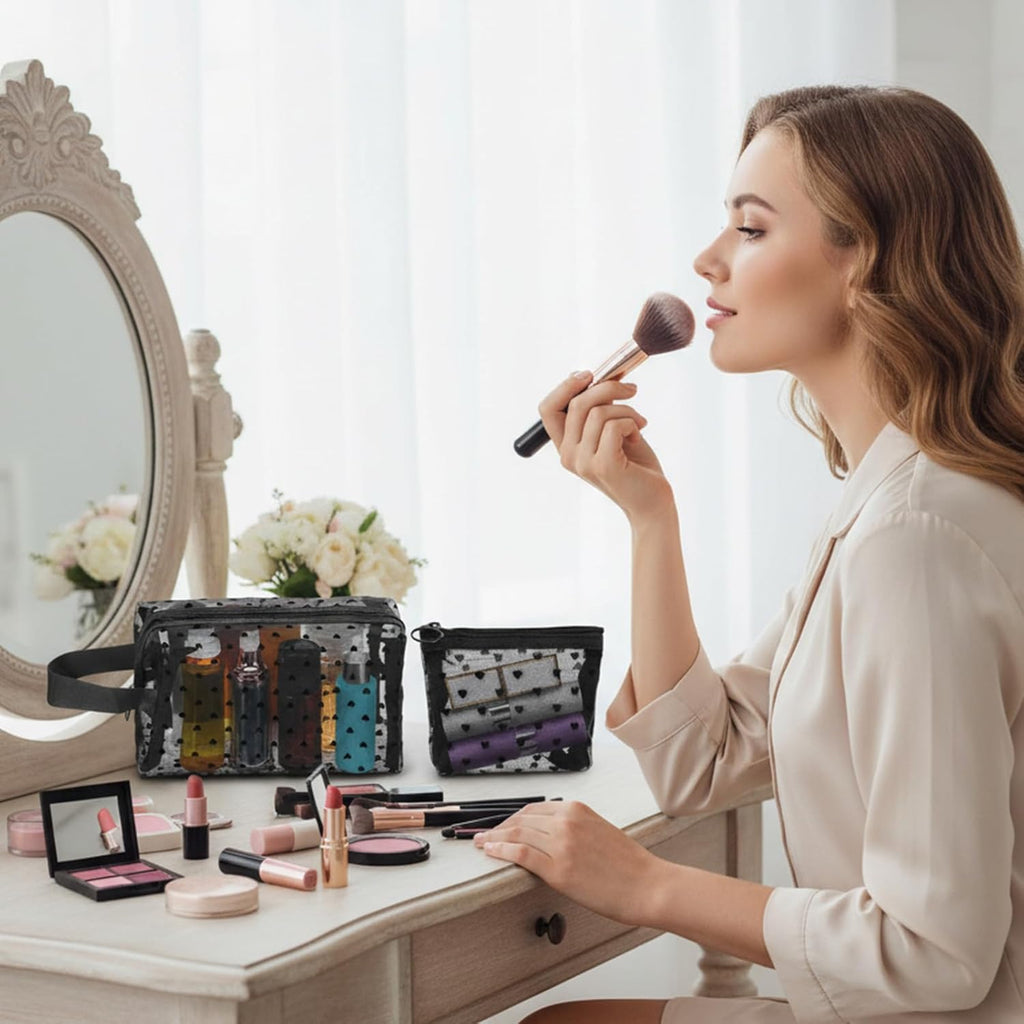 4 PCS Heart Printed Mesh Makeup Bag Set, White & Black Mesh Makeup Bag with Zipper Lipstick Accessories Organizer Mini Travel Organizer Bags for Women(2 Small 2 Square Handle)