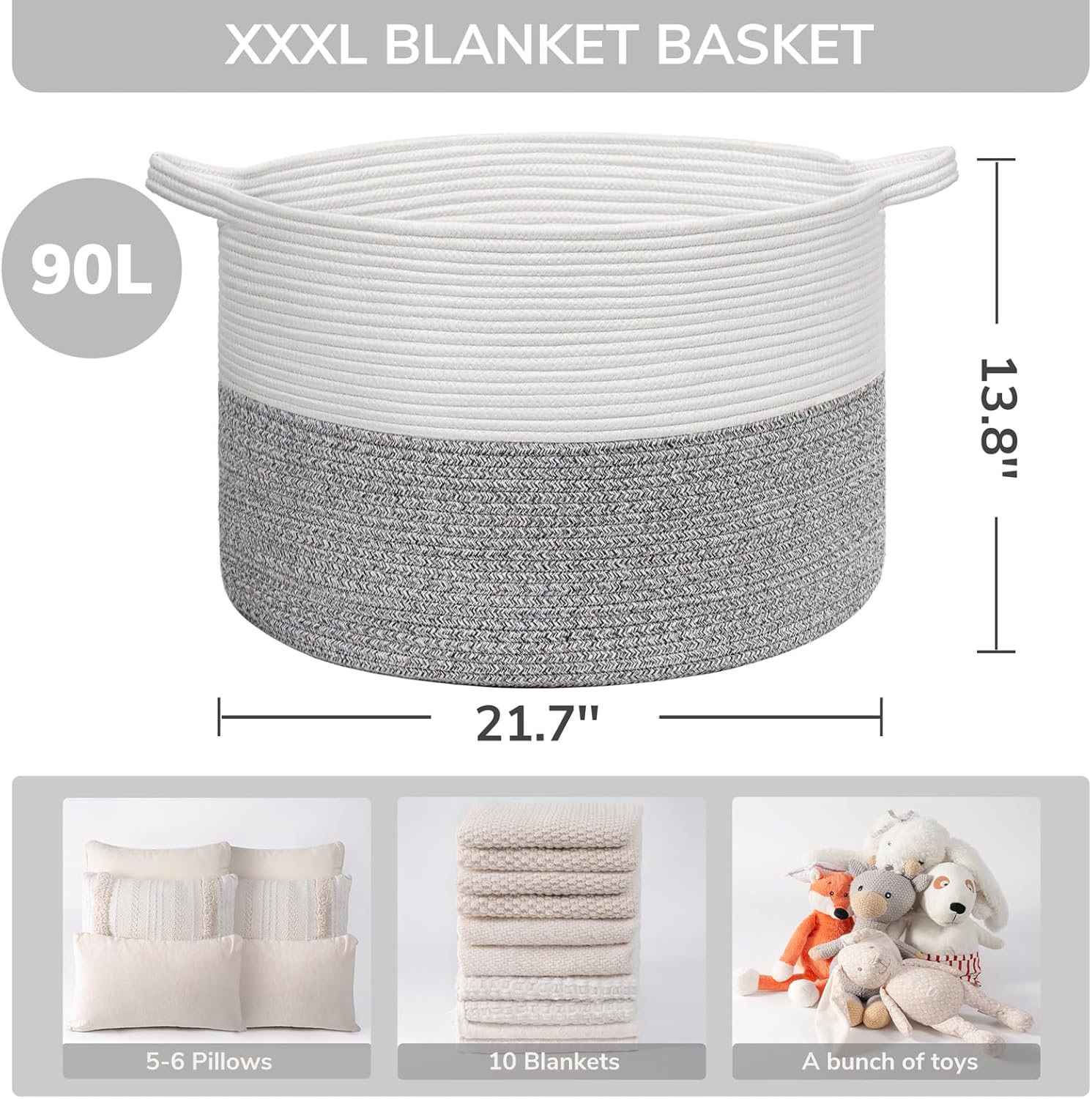 INDRESSME Large Storage Basket, 21.7'' x 13.8'' Cotton Rope Blanket Basket Living Room, Toy Organizers and Storage with Handles for Kids, Laundry Baskets for Clothes, Towel, 90L Grey