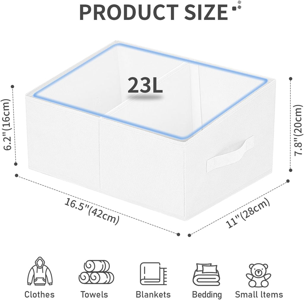 DIMJ Large Closet Shelf Organizer Bins 8 Packs with Handles and Divider, Fabric Trapezoid Storage Baskets, Foldable Clothes Containers Box for Shelf, Towel, Book, Toy, Purse, Hats, White