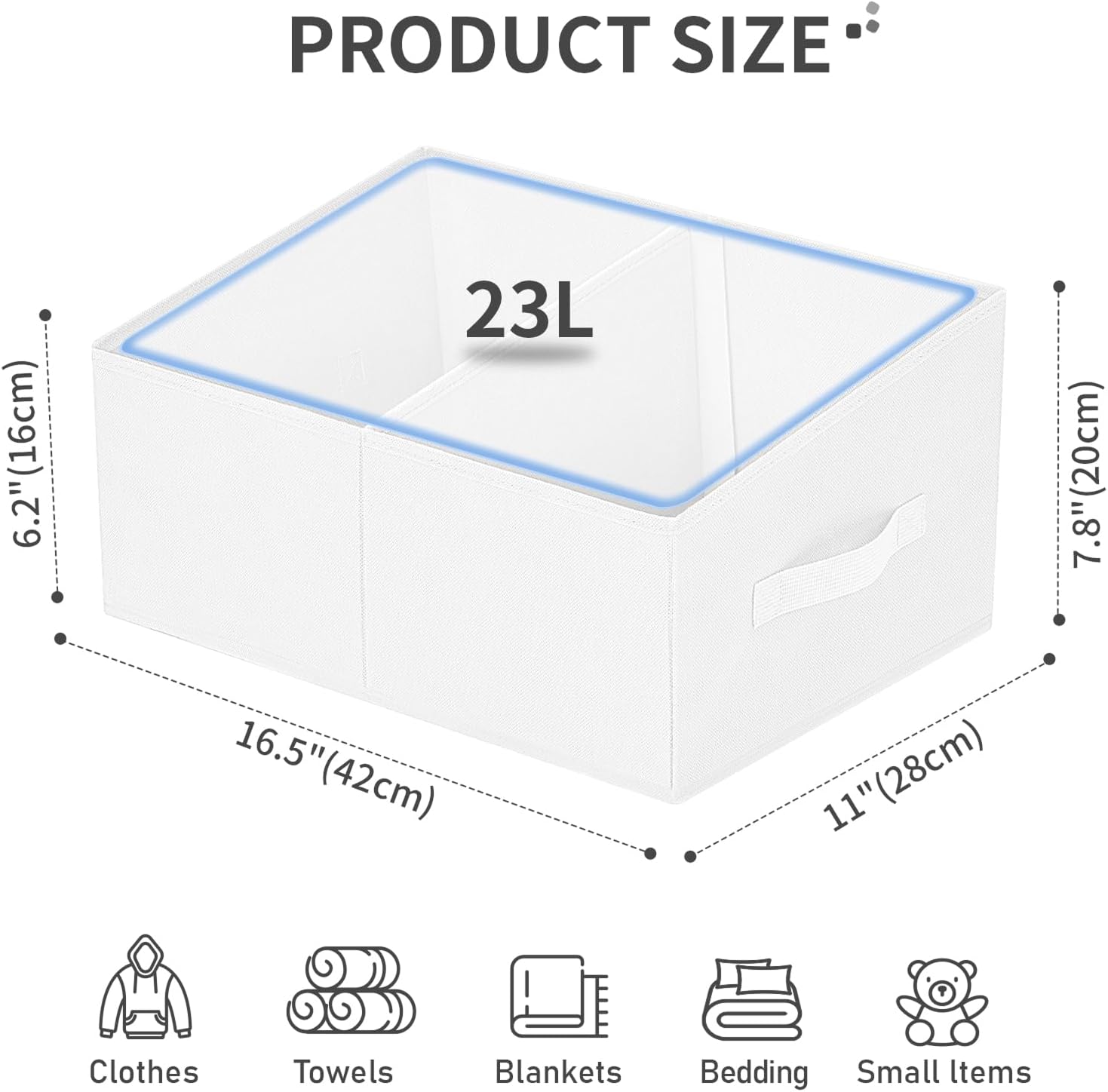 DIMJ Large Closet Shelf Organizer Bins 8 Packs with Handles and Divider, Fabric Trapezoid Storage Baskets, Foldable Clothes Containers Box for Shelf, Towel, Book, Toy, Purse, Hats, White