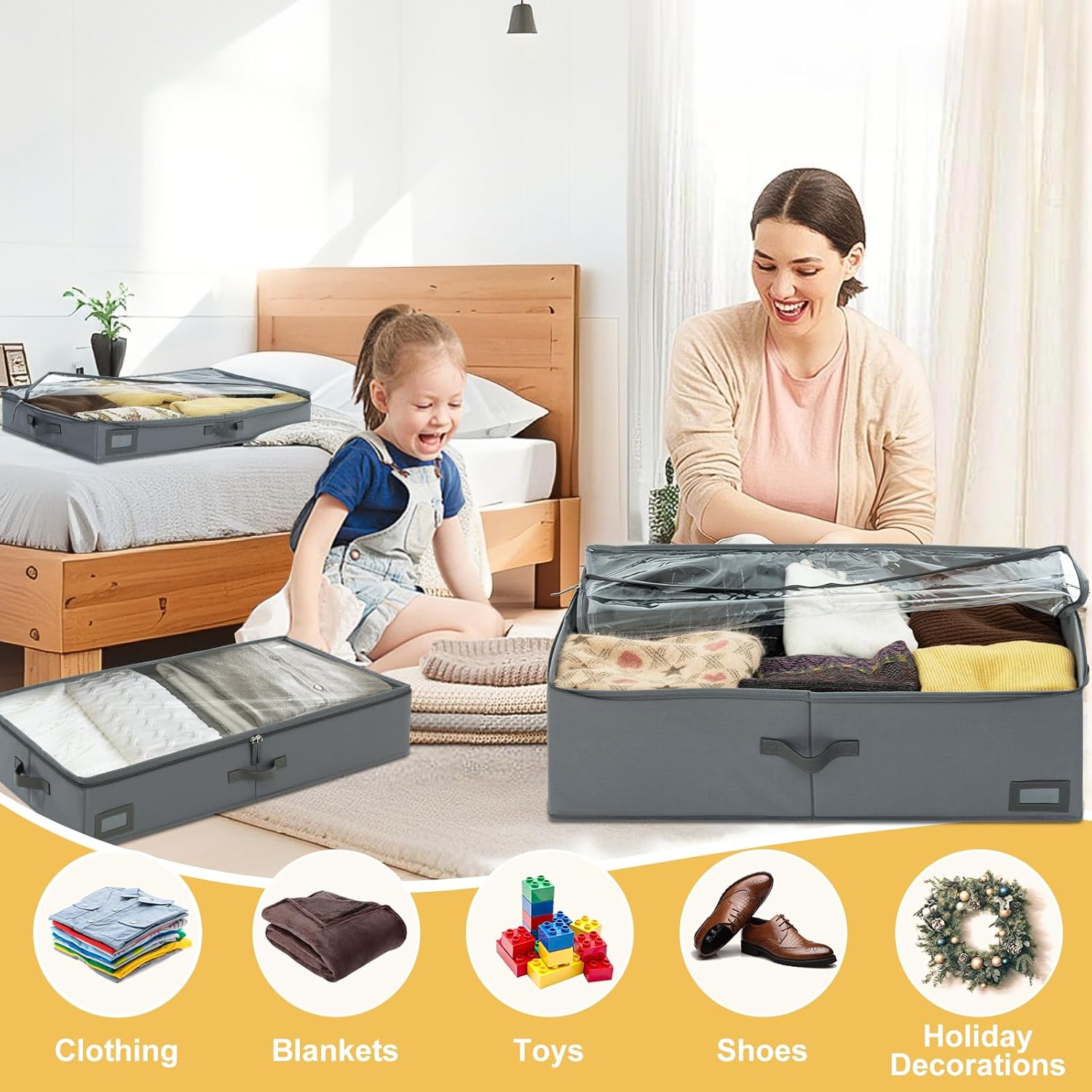 10-Inch Under Bed Storage Containers (2-Pack) | Sturdy Sidewalls | Clear Cover & Label Holder | Foldable Fabric Closet Bin Organizer | Stores Clothing/Blankets/Sweaters/Sheets