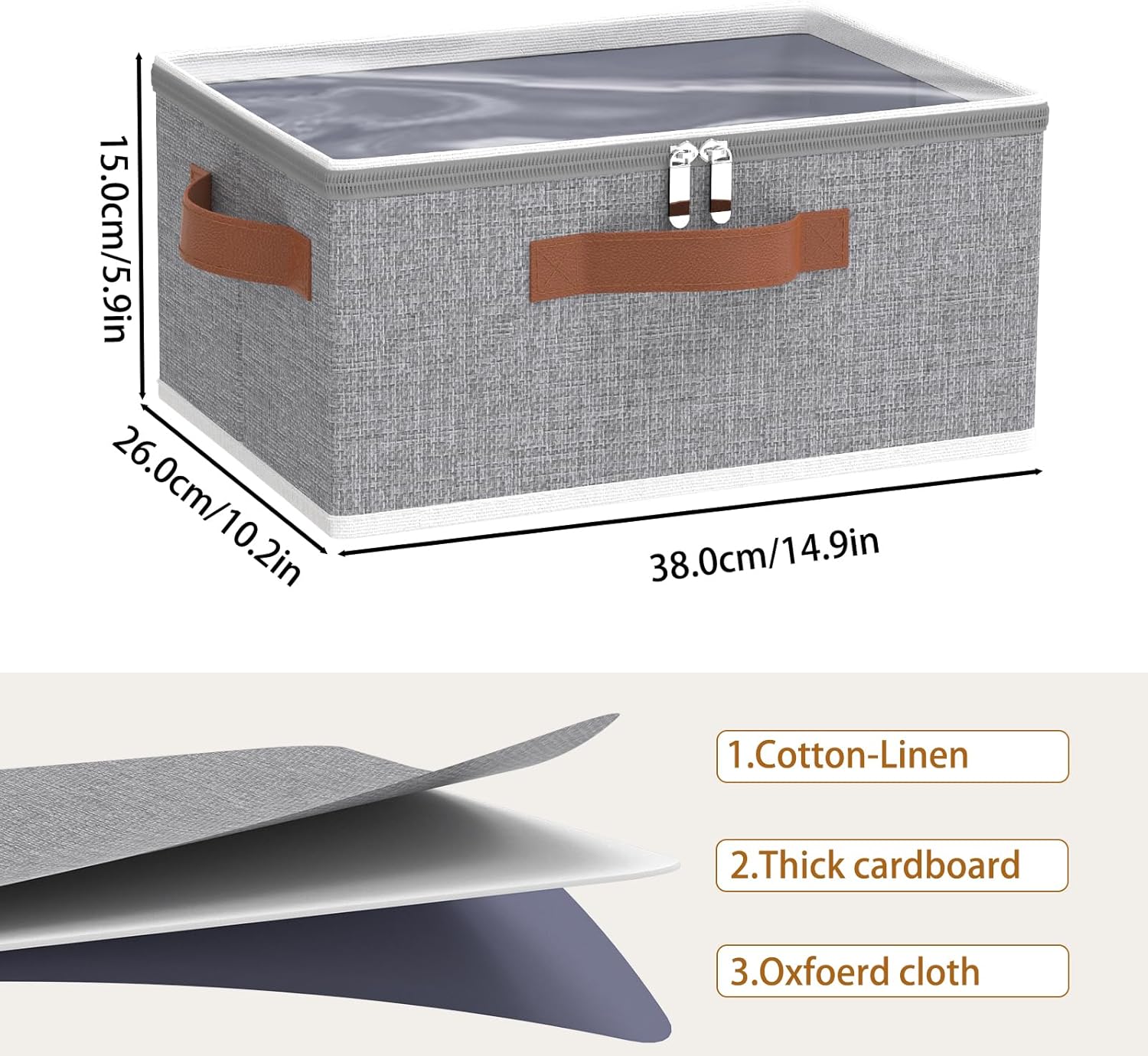 OUTBROS Fabric Storage Bins with Lid, Wardrobe Organiser with Handle and Zipper, Used for storing clothes, blankets, pillows, Foldable Bags, 15 x 10.2 x 5.9 inch, 2-Pack