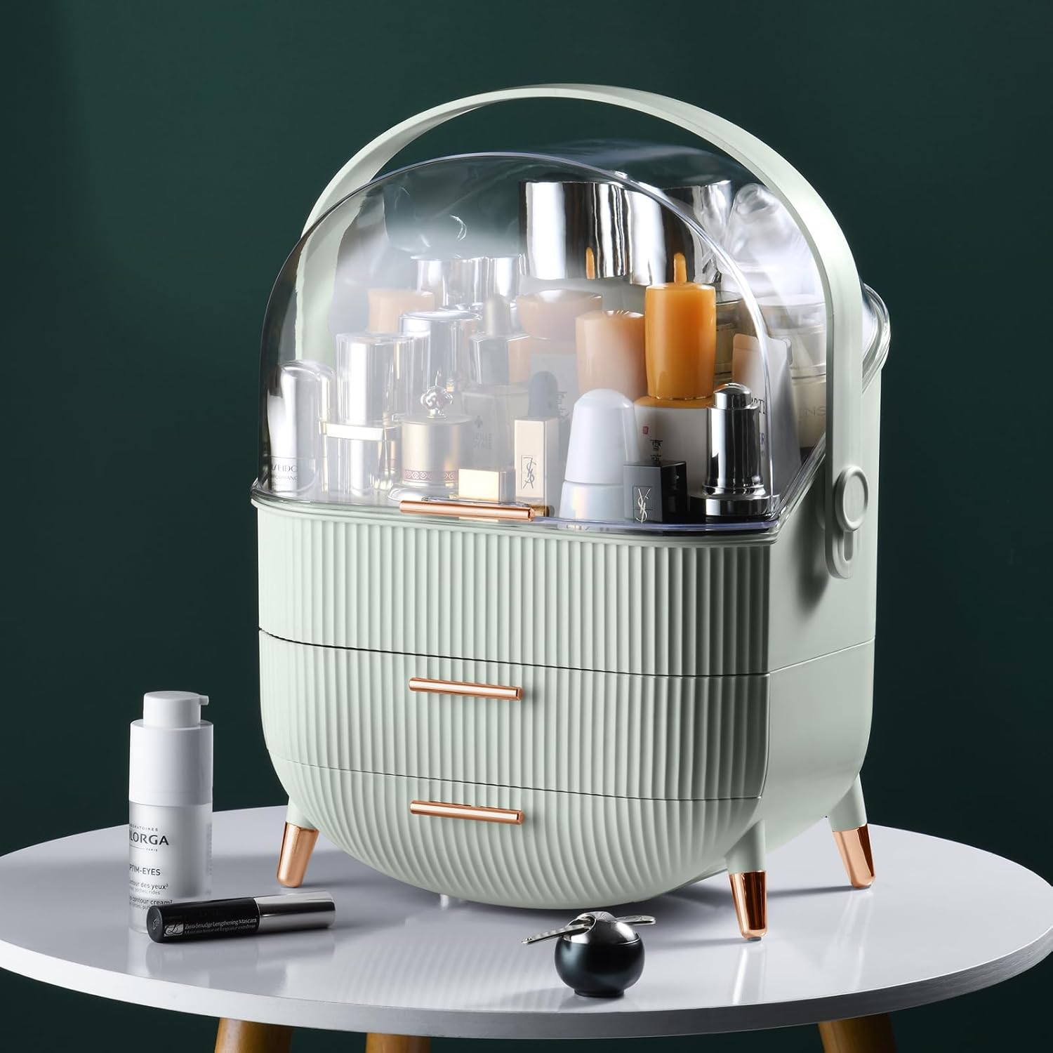 CANITORON Makeup Organizer,Skincare Organizer with 2 Drawers and Transparent Cover,Cosmetic Display Case for Vanity Organizer and Bathroom Countertop Storage.(Sage Green)