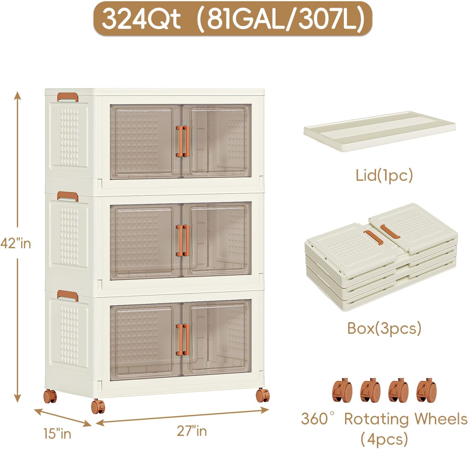 JEKO&JEKO 324 Qt Extra Large Plastic Storage Cabinets with Lids, Front Doors & Wheels, 3-Pack Stackable Collapsible Storage Bins for Bedroom, Home & Closet Organization, Cream
