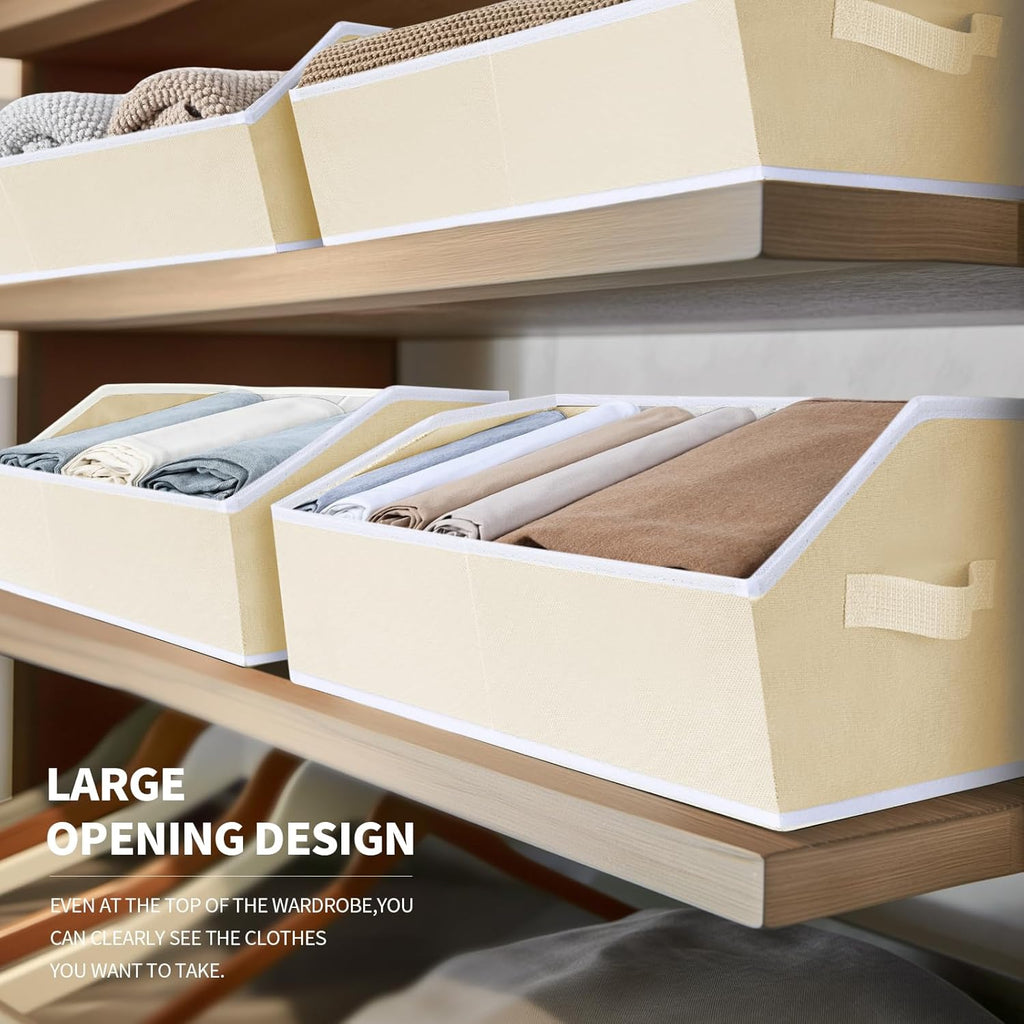 Cube Storage Organizer - Large Bins with Handle, Trapezoid Organizing Baskets for Shelves, Decorative Storage Baskets for Clothes, Blankets, Books, 4 Pack, Beige