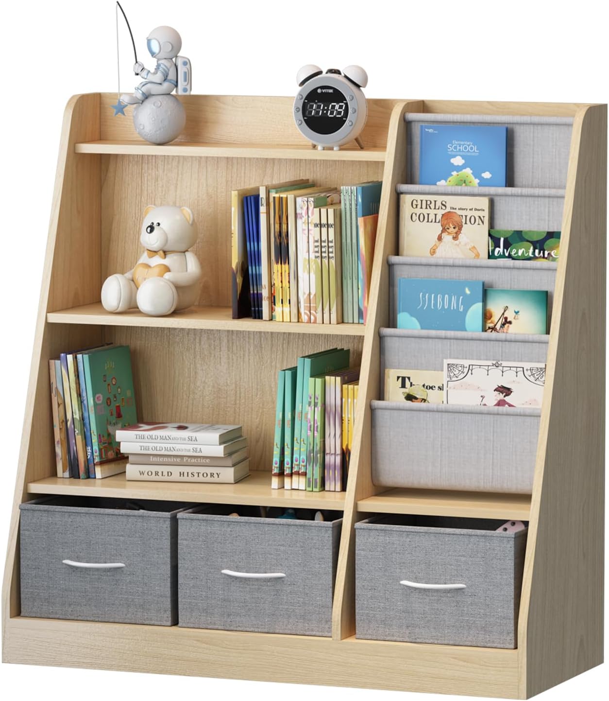 Kids Bookshelf Wood Montessori Toy Storage Organizer Cabinet Shelf Child Bookcase Toddler Baby Sling Book Rack 3 Cube Bin Fabric Drawers for Playroom Bedroom Nursery School
