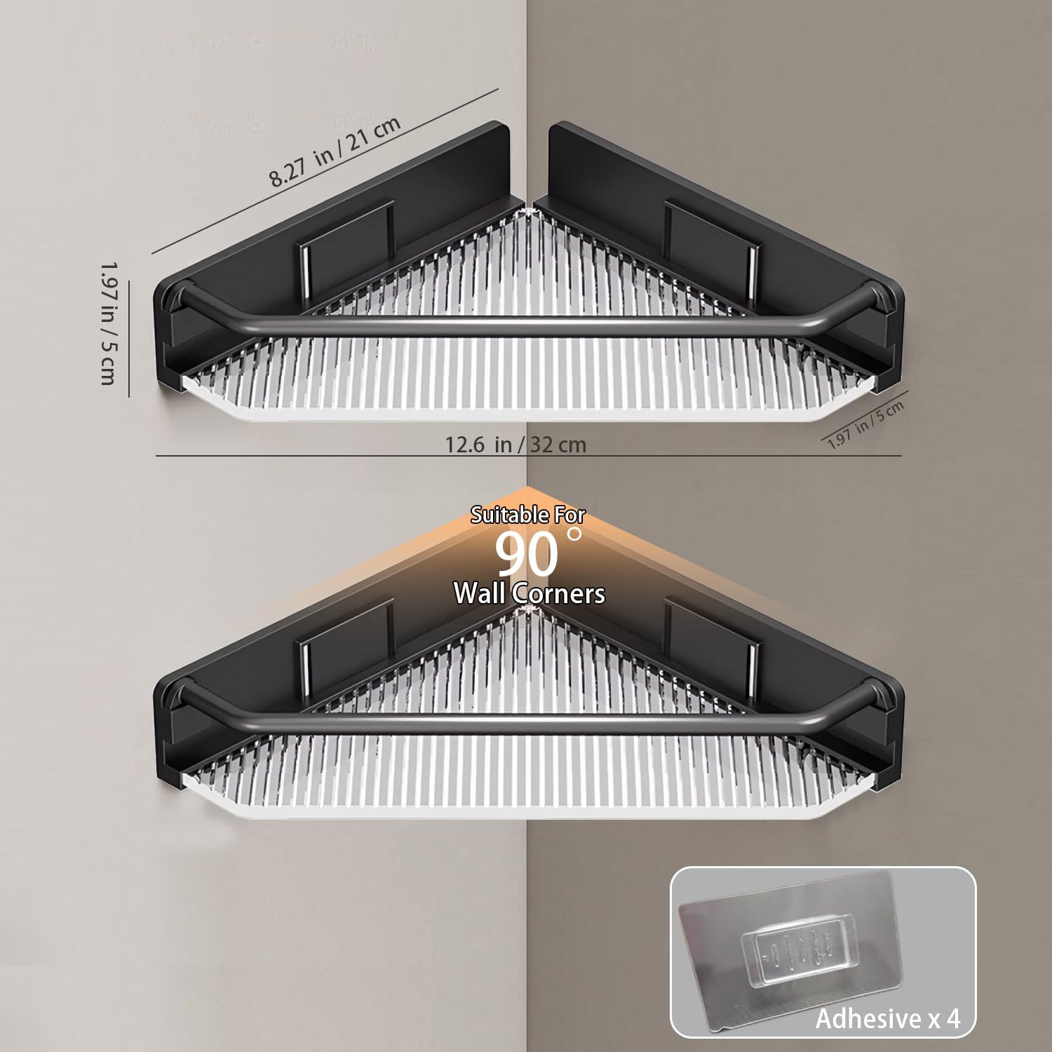 Corner Shower Caddy, 4 Pack Adhesive Bathroom Shelves，Acrylic Shower Shelf Rack, No Drilling Bathroom Organizers and Storage Racks,Black (4 Pack)