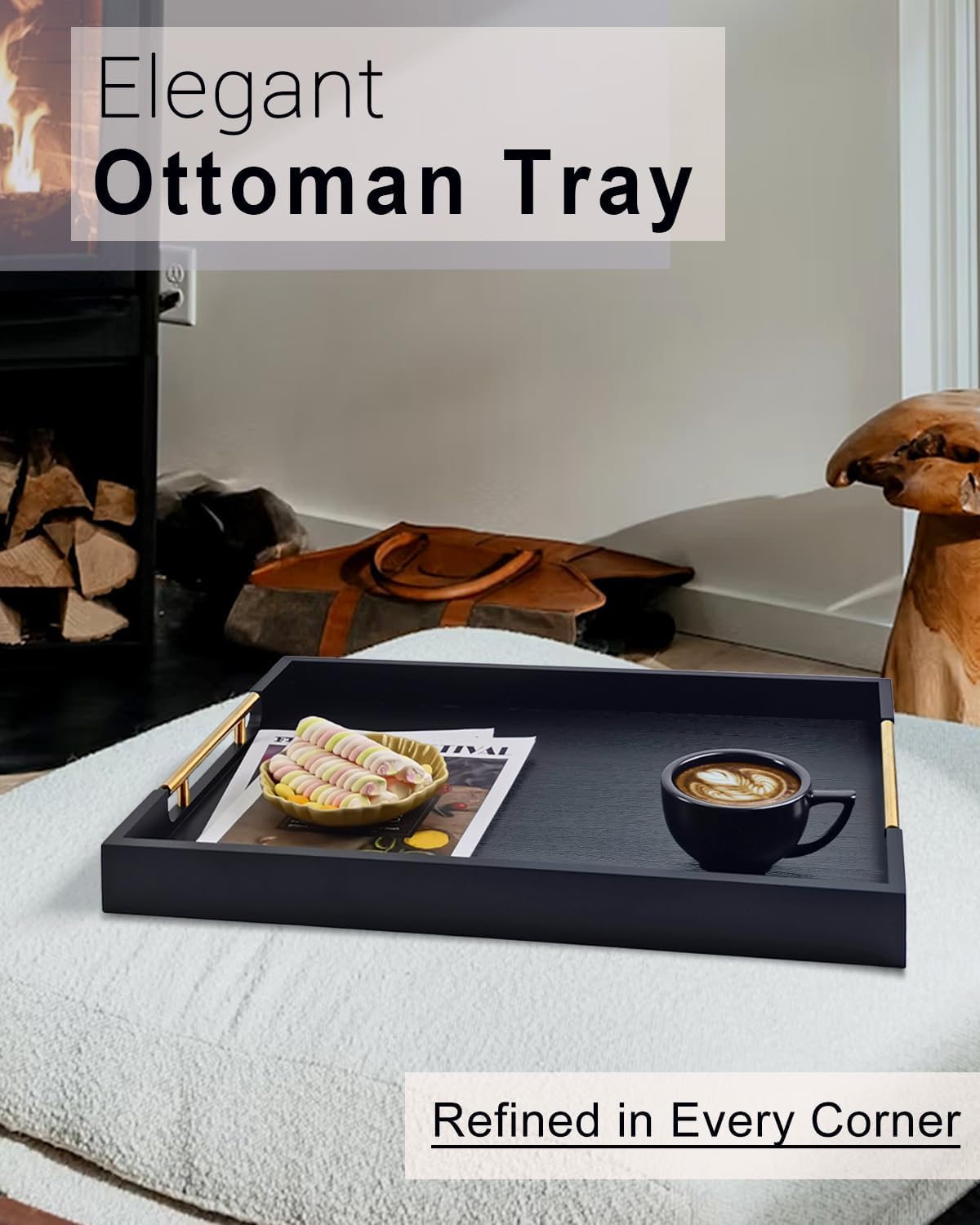 22 Inch Rectangle Black Ottoman Tray with Gold Metal Handles, Extra Large Wooden Serving Tray for Living Room, Coffee Table, Kitchen & Hosting
