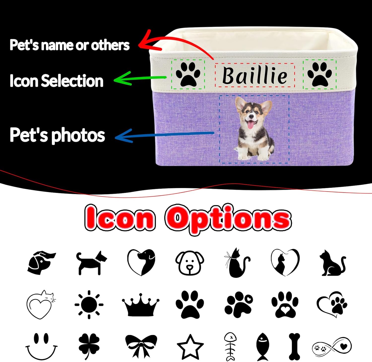 Personalized Dog Toy Storage Basket Custom Dog Name Photo Cat Pet's Gift Baskets Collapsible Organizer Box Foldable Storage Basket with Handle for Toys, Coats, Clothing, Blankets, Grey