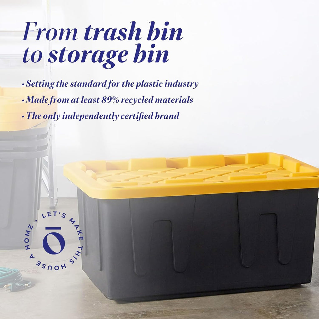 HOMZ 4-Pack Durabilt Tote, Heavy Duty Plastic Storage Bins with Lids, 27 Gallon, Black/Yellow - Stackable Organizing Containers for Home, Garage, and Shed