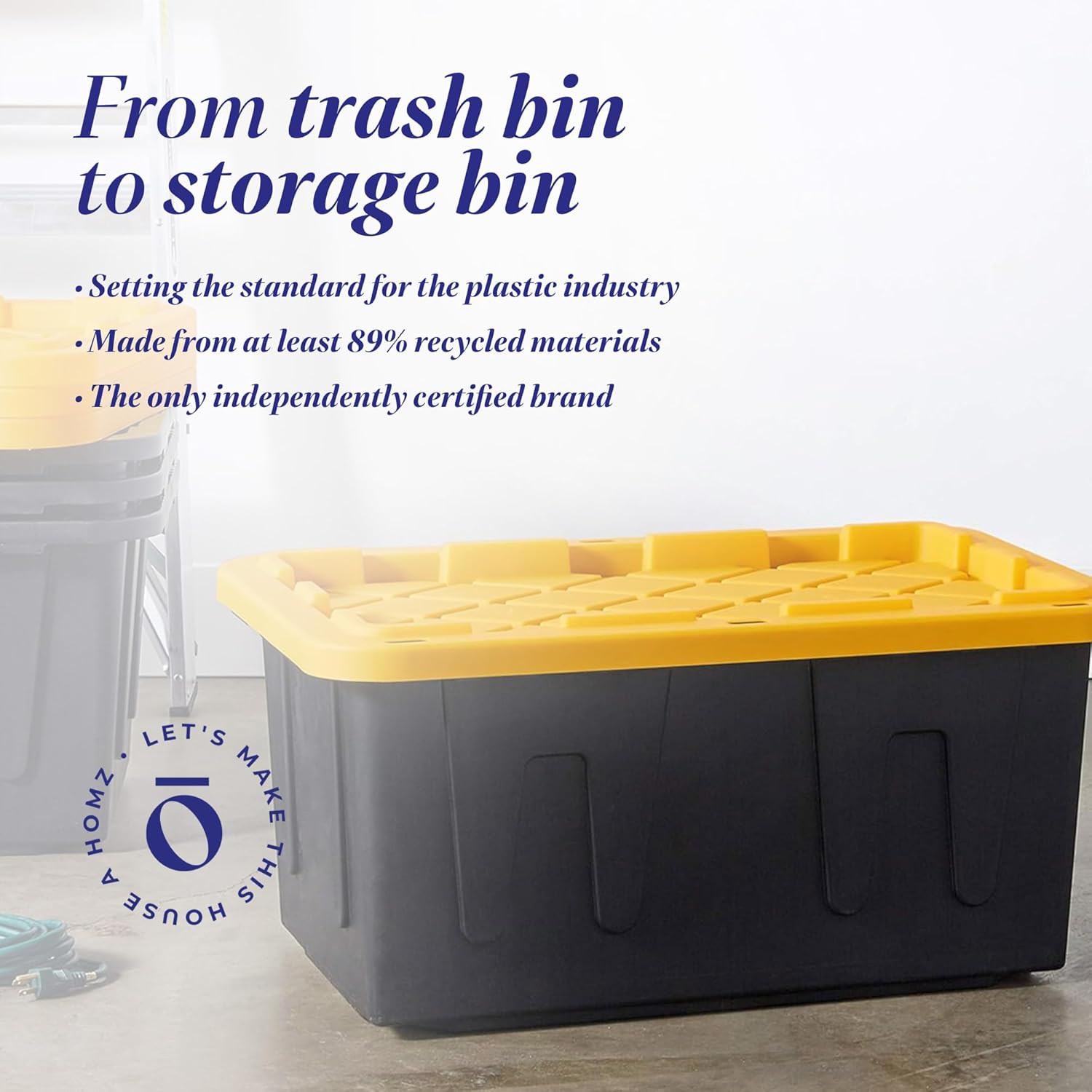 HOMZ 4-Pack Durabilt Tote, Heavy Duty Plastic Storage Bins with Lids, 27 Gallon, Black/Yellow - Stackable Organizing Containers for Home, Garage, and Shed