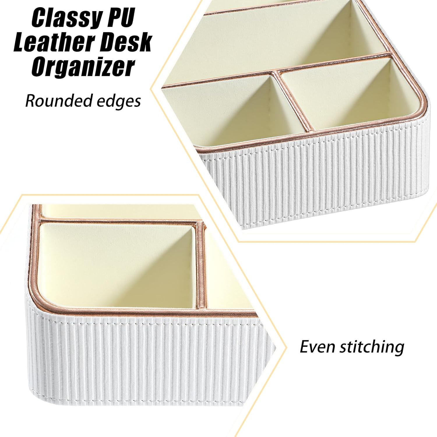 1 Pieces Remote Control Holder with 4 Compartments, PU Leather Small Nightstand Organizer for Home Desk Accessories Office Supplies, Multifunctional Stylish Small Bedside Desktop Organizers (White)