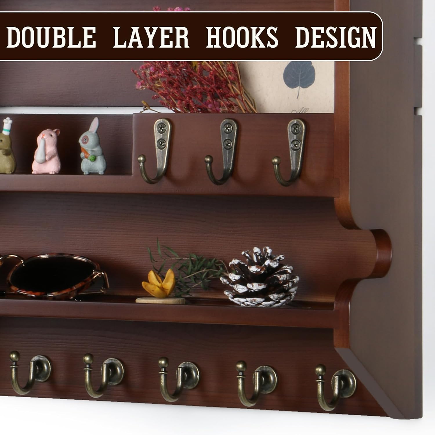 Innovation Key Holder for Wall, Mail Organizer with Key Hooks, Keys Holder on Wall, Walnut