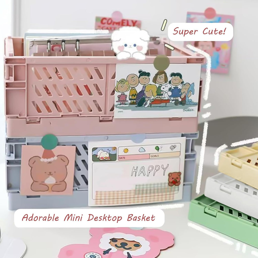 Small Pastel Plastic Storage Bins 2Pcs Foldable Pastel Crates Plastic Basket Colorful Storage Containers Baskets for Classroom Kitchen Office Bedroom Desktop Home Decor (Blue 5.8" x 3.8" x 2.2")