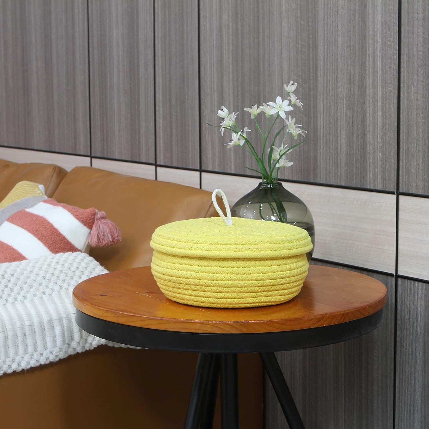 Sea Team Round Cotton Rope Storage Basket with Lid, Decorative Woven Storage Bin, Pot, Caddy, Organizer, Container for Snacks, Towels, Plants, 10 x 4.5 Inches (Small, Shallow, Yellow)