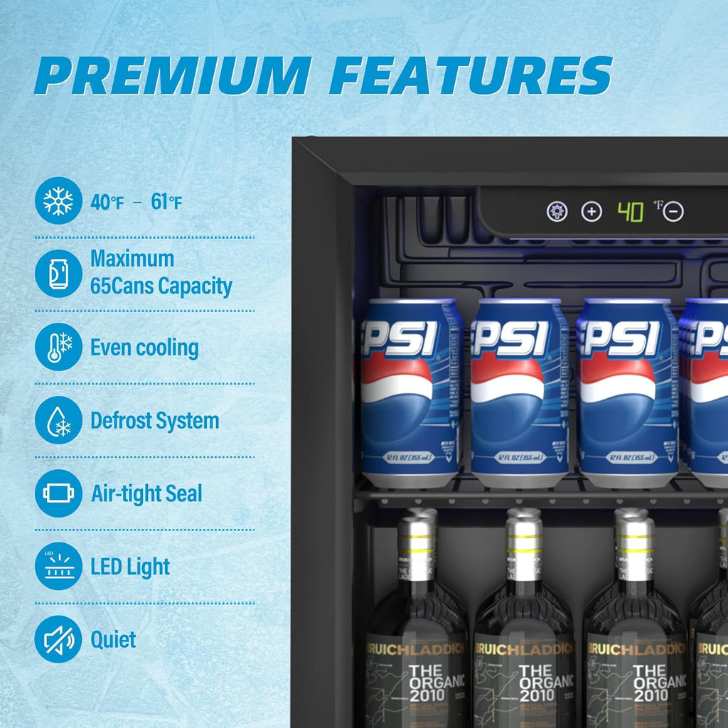 1.4 Cu Ft/65 Can Mini Fridge, Freestanding 17 Inch Beverage Refrigerator with Glass Front Door for Soda, Beer Under Counter Drink Refrigerator with Adjustable Shelves(Silver)