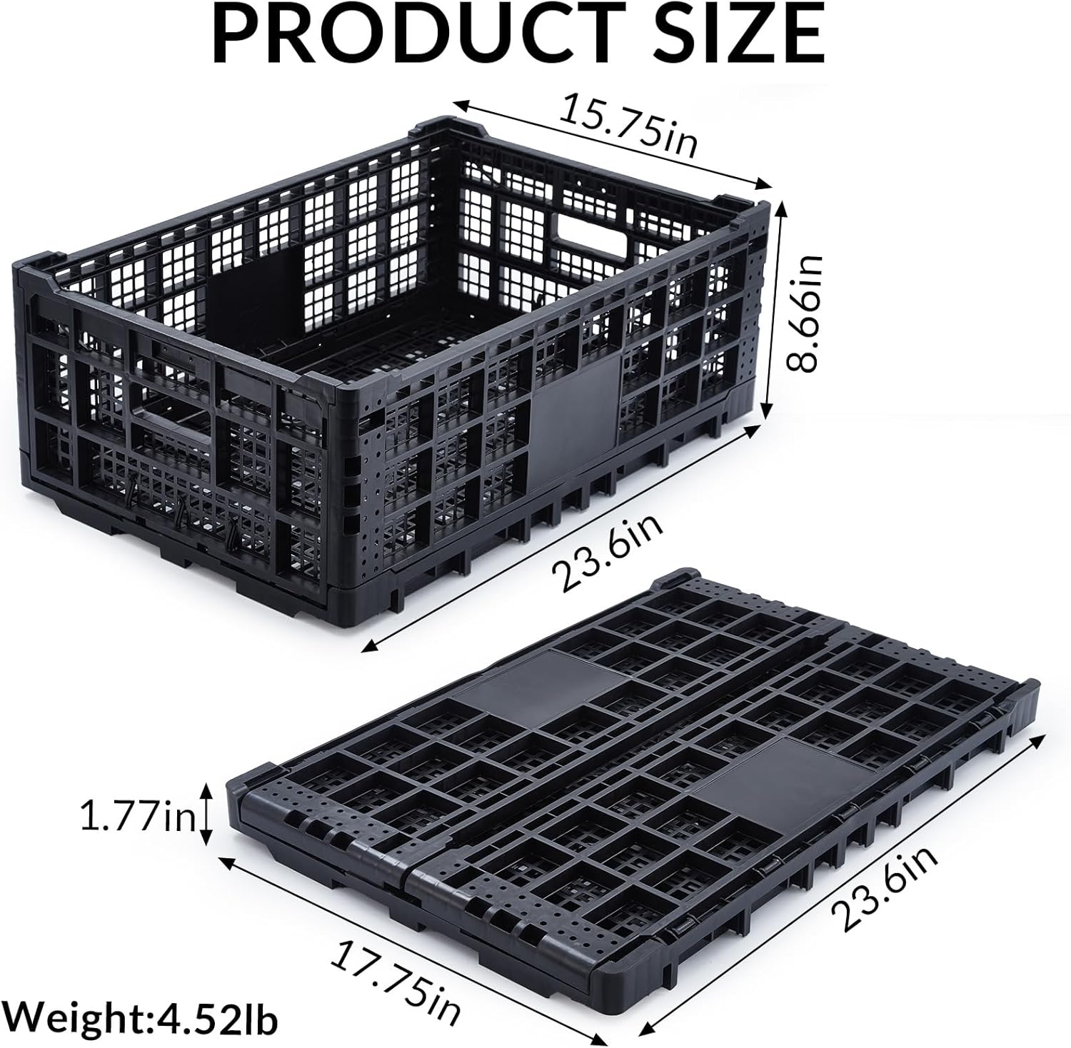 Collapsible Storage Crates, 52 Liter Heavy Duty Foldable Plastic Crates , Storage Baskets and Bins 23.6" L x 15.7" W x 8.6" H Stackable Dairy Milk Crates for Office, Home, Toy Storage