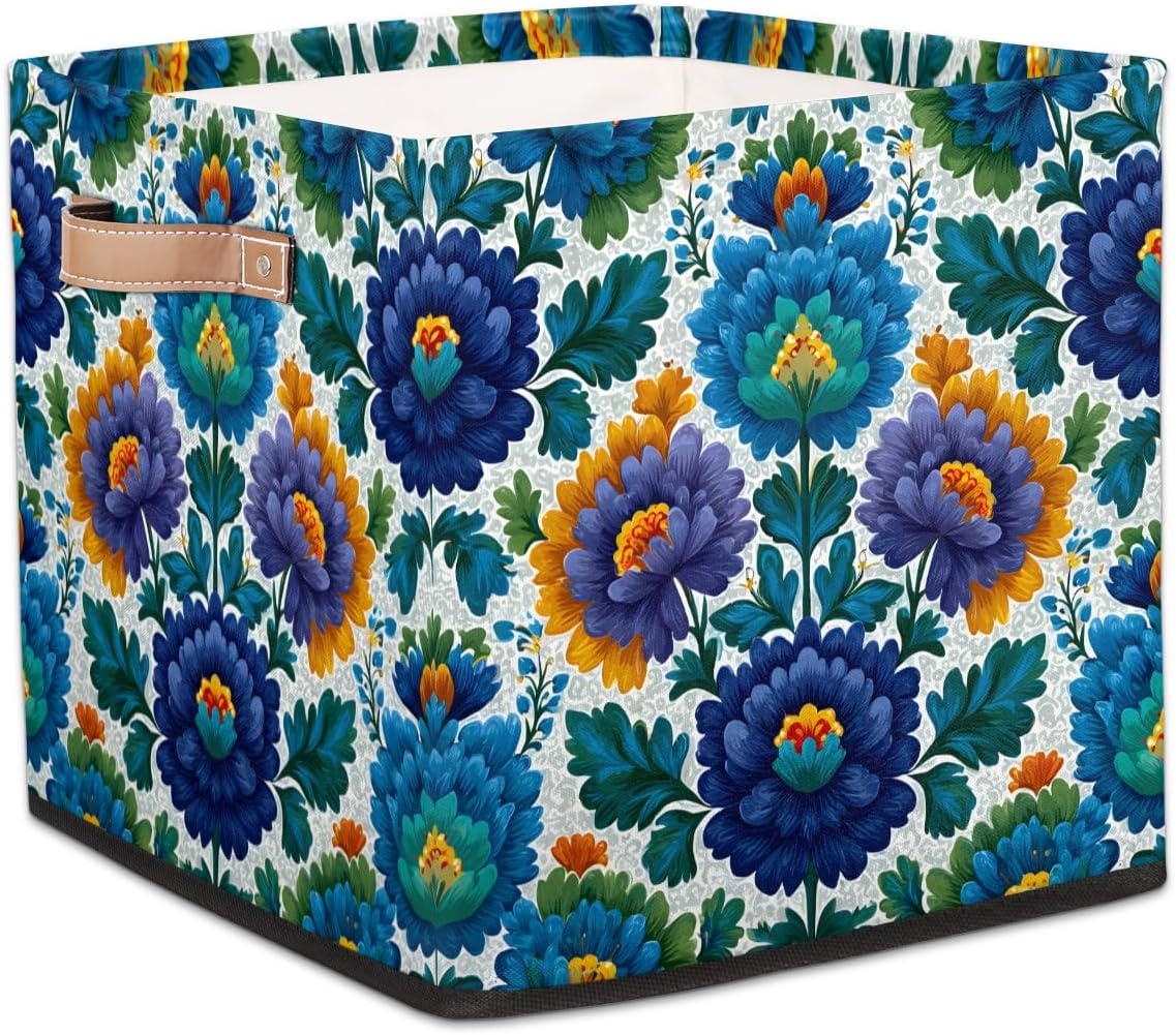 TropicalLife 13x13x13 Inch Large Fabric Storage Cube Blue Flowers Print Foldable Storage Bin with Handles Organizer Boxes Cube Basket for Shelves Organizing Closet