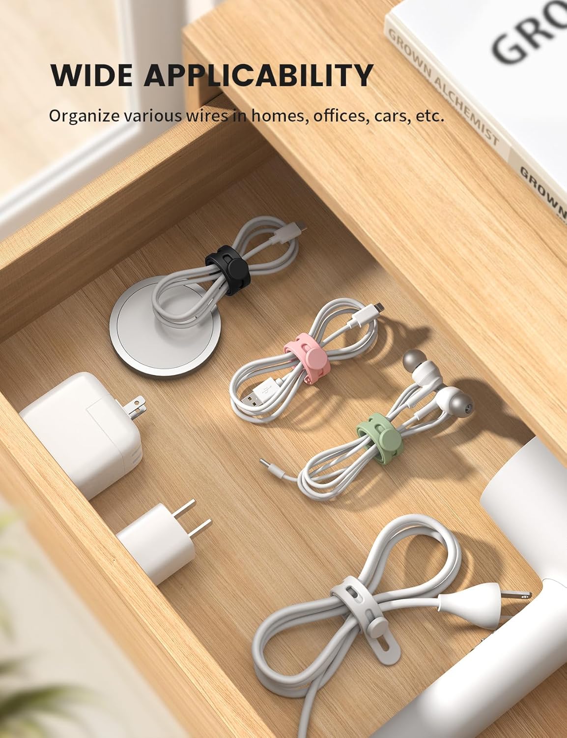 Lamicall 30Pack Silicone Cable Ties Cord Organizer, Multi Color Elastic Cable Management Wraps, Home Decor Organizer Ties Accessories for Phone Charger Electrical Cord, Chritsmas Travel Essentials