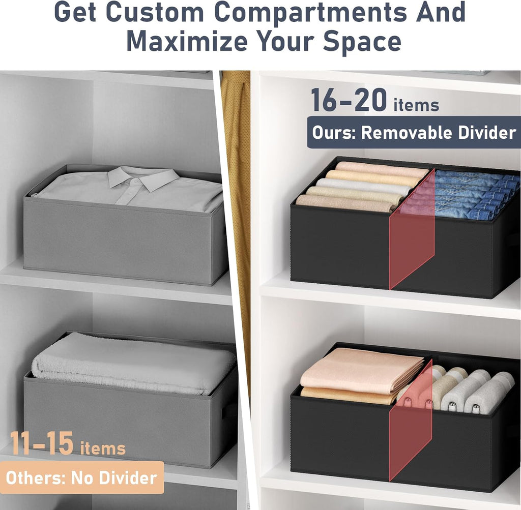 DIMJ Large Closet Shelf Organizer Bins 8 Packs with Handles and Divider, Fabric Trapezoid Storage Baskets, Foldable Clothes Containers Box for Shelf, Towel, Book, Toy, Purse, Hats, Black