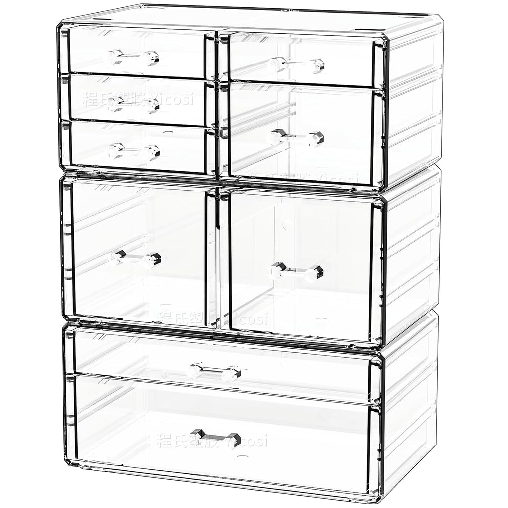 Cq acrylic Clear Stackable Storage Drawers,Plastic Makeup Organizer and Bathroom Storage Bins WIth 9 Drawers For Make up,Medicine,Craft,Pen,Beauty and Office Supply Organizer